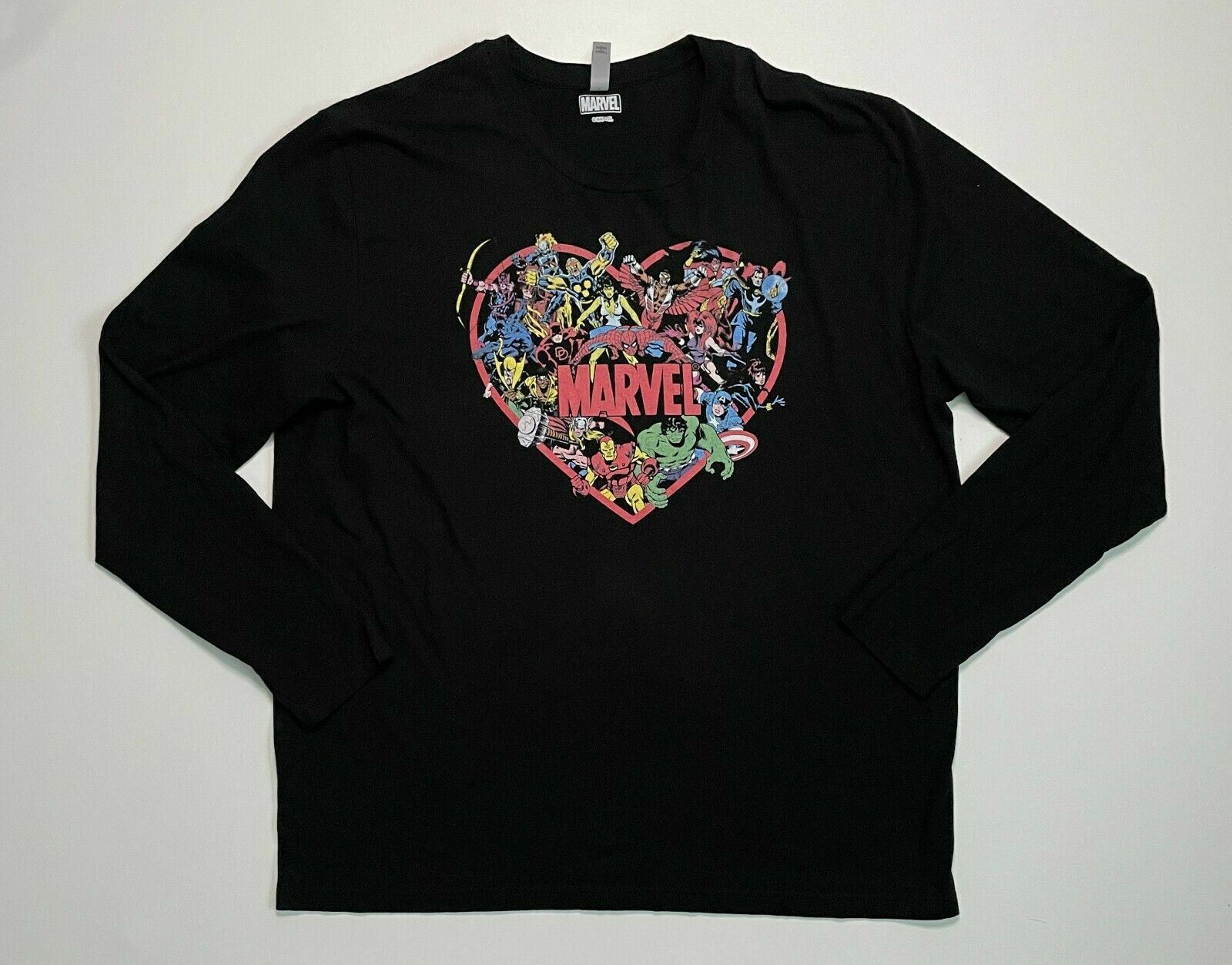 Marvel Avengers Heart Graphic Tee Comic Theme Black Long Sleeve Shirt Men’s XXL