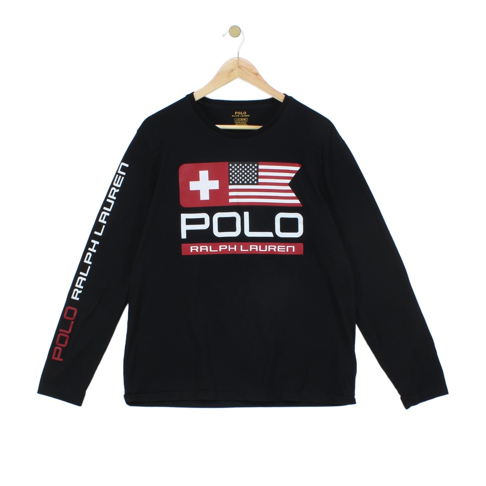 Ralph Lauren T-Shirt Mens Size L Black Graphic Flag Custom Slim Fit