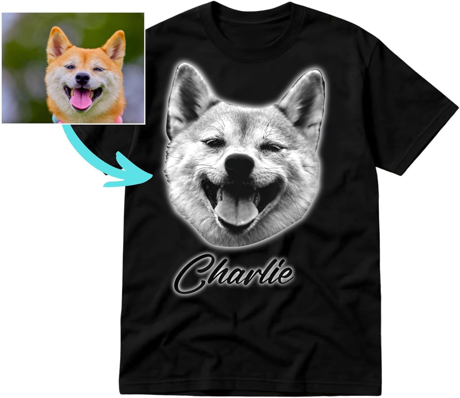 Personalized Pet Portrait T-shirt Custom Dog Cat Face and Name Photo Gift Tee