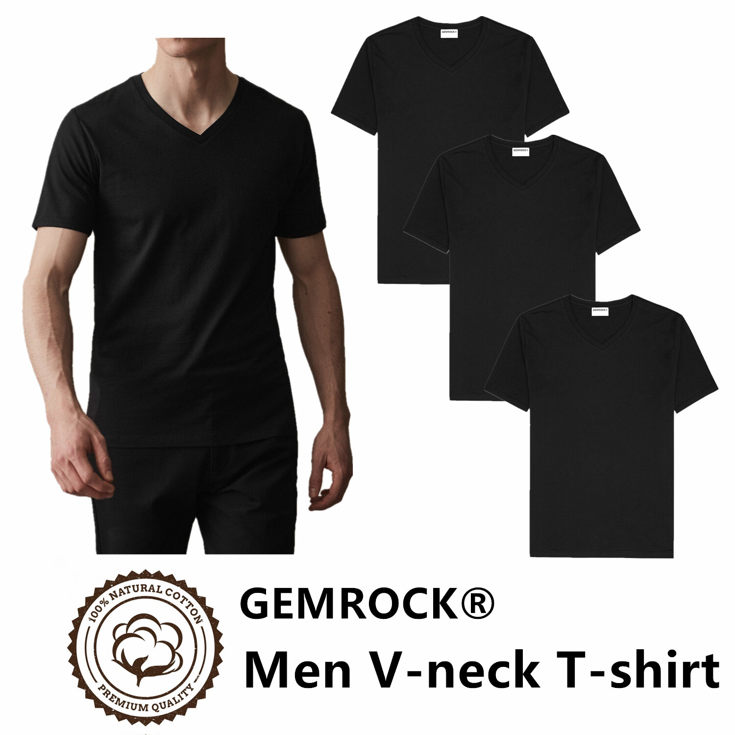2XL 3pack Men 100% Cotton V Neck T Shirt Solid Black Short Sleeve Casual Tee