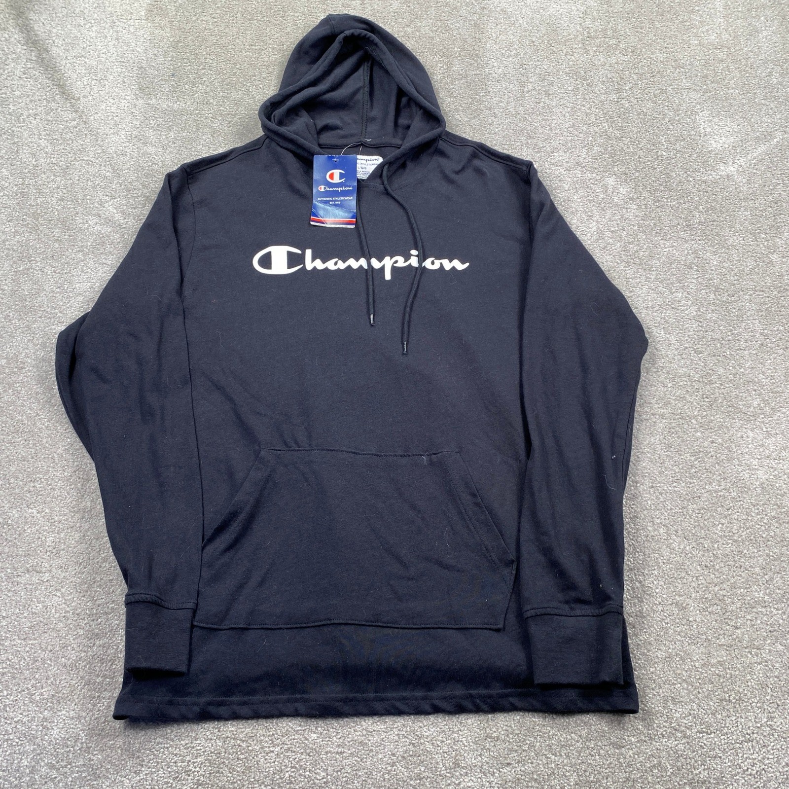 Champion Hooded T-Shirt Mens Large Black Script Logo Long Sleeve Lightweight