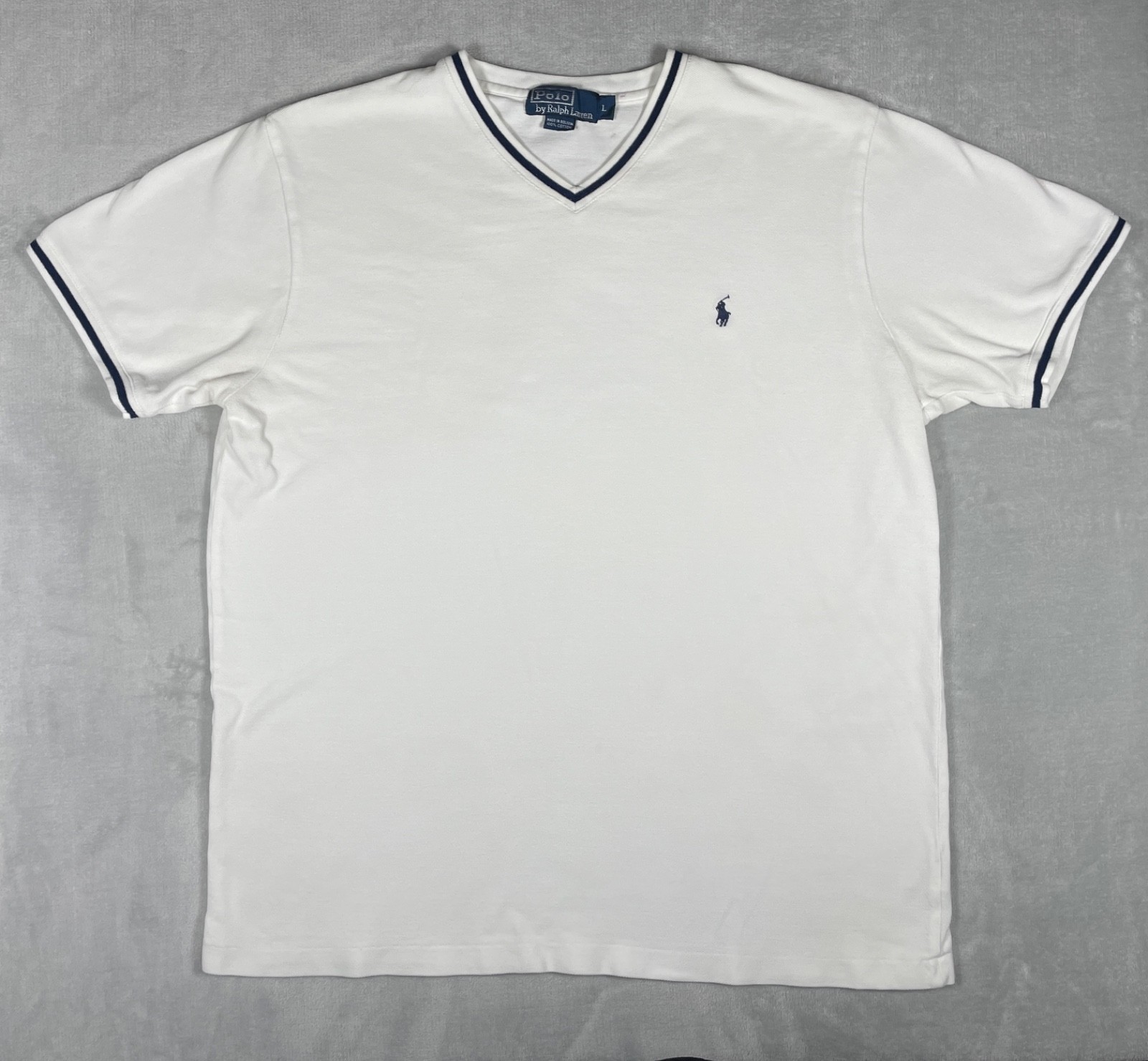 Vintage Polo Ralph Lauren Men’s Large White V Neck Pique Tee Pony Logo Preppy