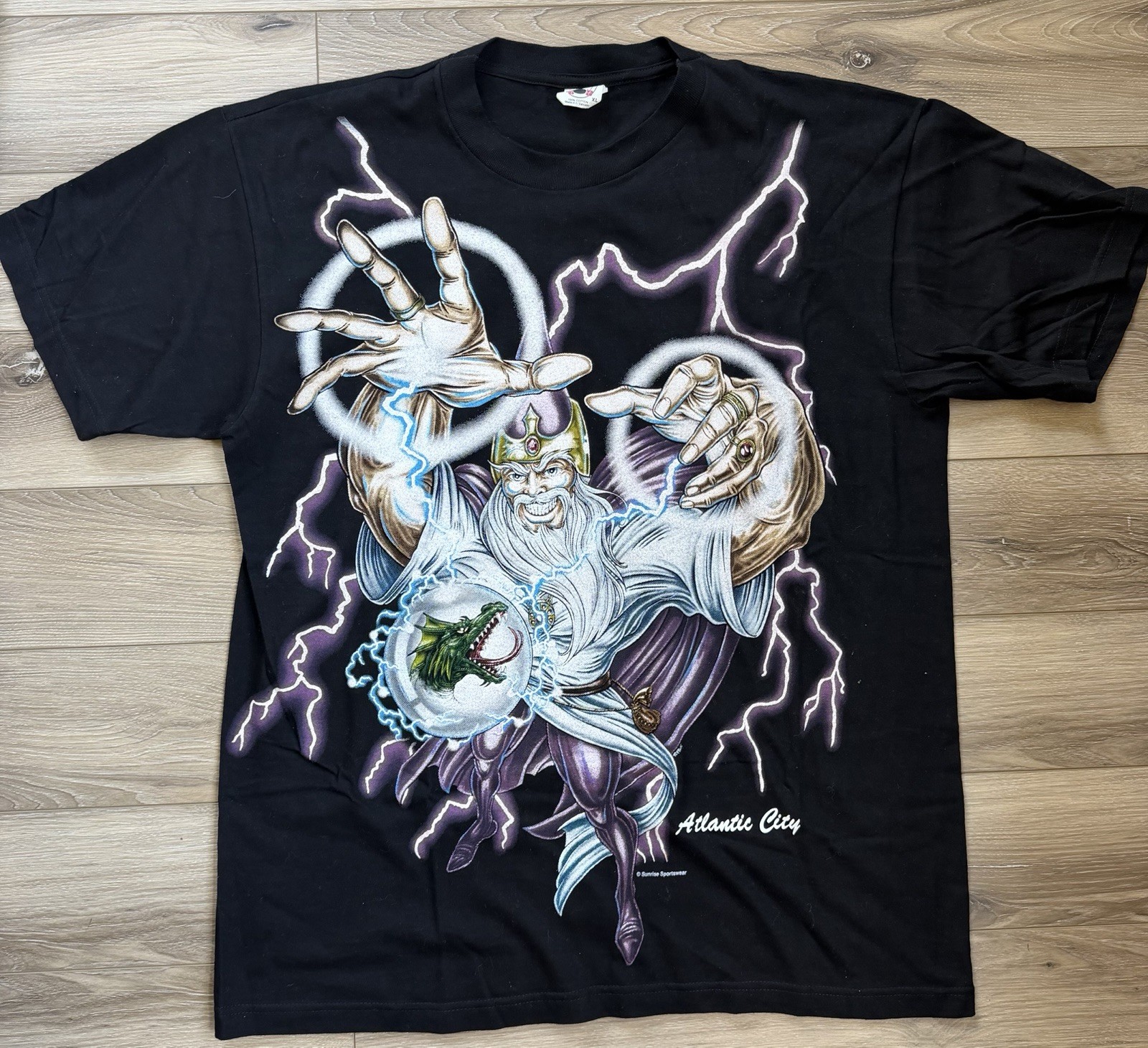 Vtg American Thunder 90s Tshirt AOP Lightning Wizard Crystal Ball Dragon XL