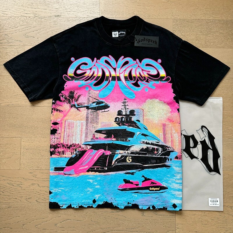 NEW Godspeed Sunset Beach Yacht print Tee Mens Short sleeved T-shirt
