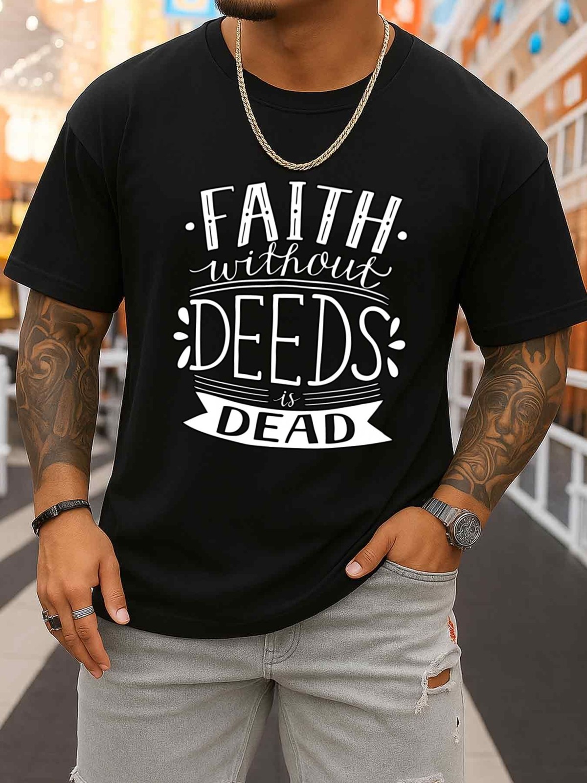 Men’s Black T-Shirt with ‘Faith Deeds Dead’ Print – Breathable Slight Stretch