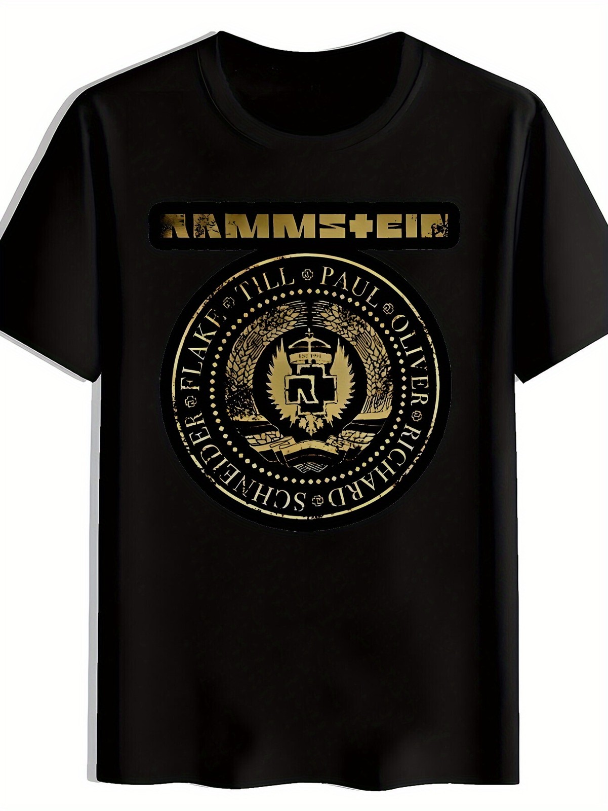 Men’s RAMMSTEIN Graphic Print Casual T-Shirt – Black Band Logo Tee with Golden L