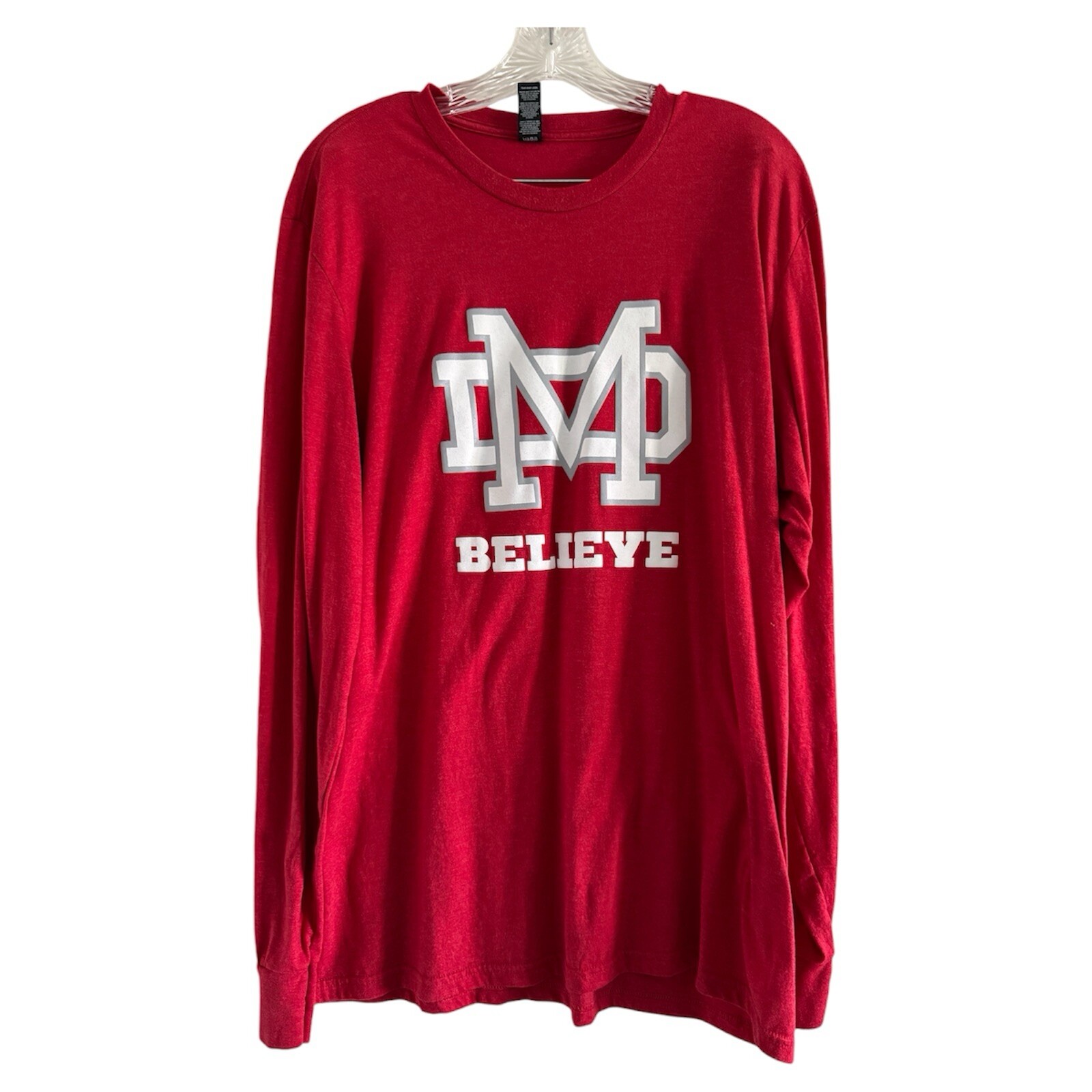 MATER DEI HIGH SCHOOL Men’s Red MD BELIEVE Long Sleeve T-Shirt (X-LARGE)