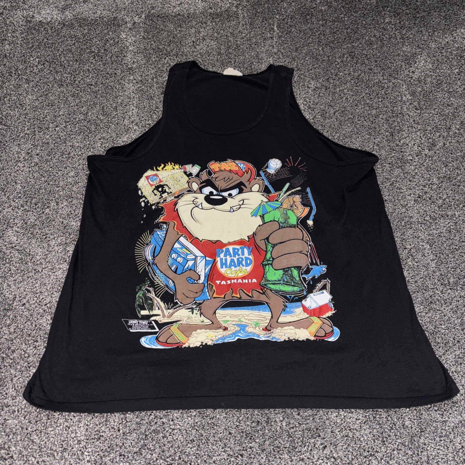 Vintage 1990 Looney Tunes Taz Tank Top Muscle Shirt Party Hard Cafe XL Beach WB