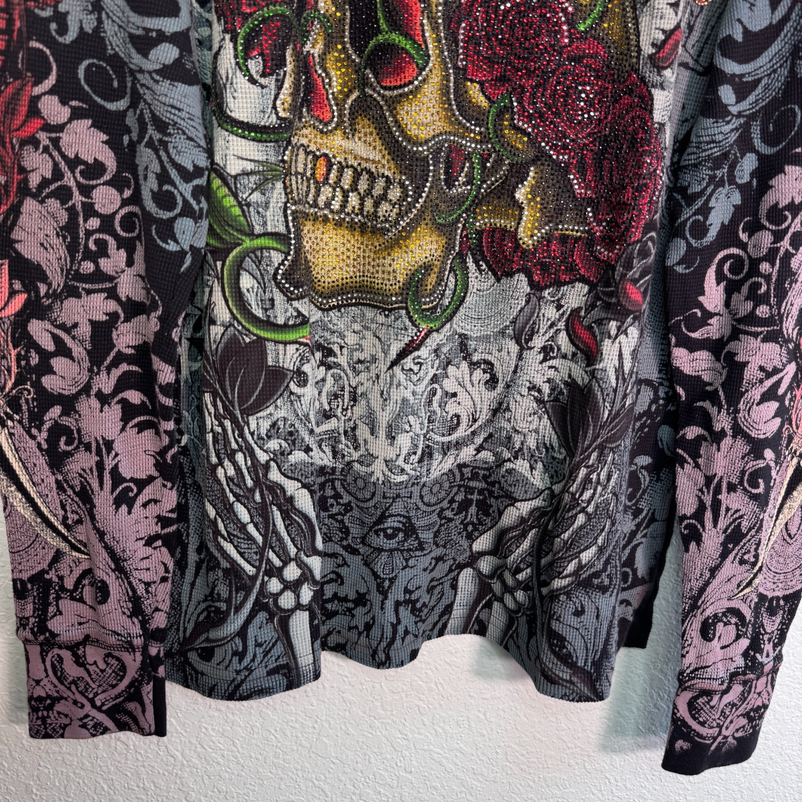 Christian Audigier Shirt Mens XL Thermal Skull Rose Rhinestone Y2K Tattoo NEW