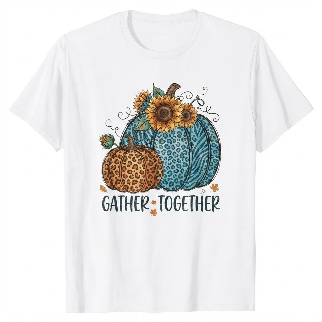 Gather Together Thanksgiving Fall Leopard Sunflowers Pumpkin T-shirt