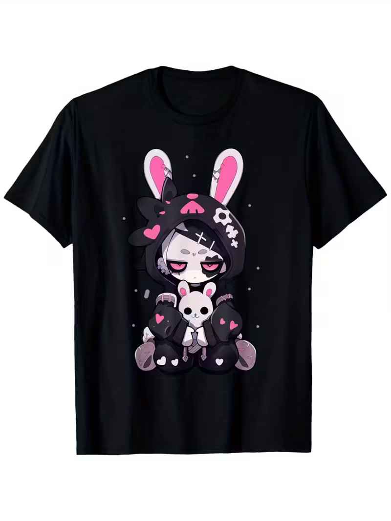 Men’s Gothic Bunny Anime Girl T-Shirt – Cute E-Girl Grunge Style, Black Cotton T