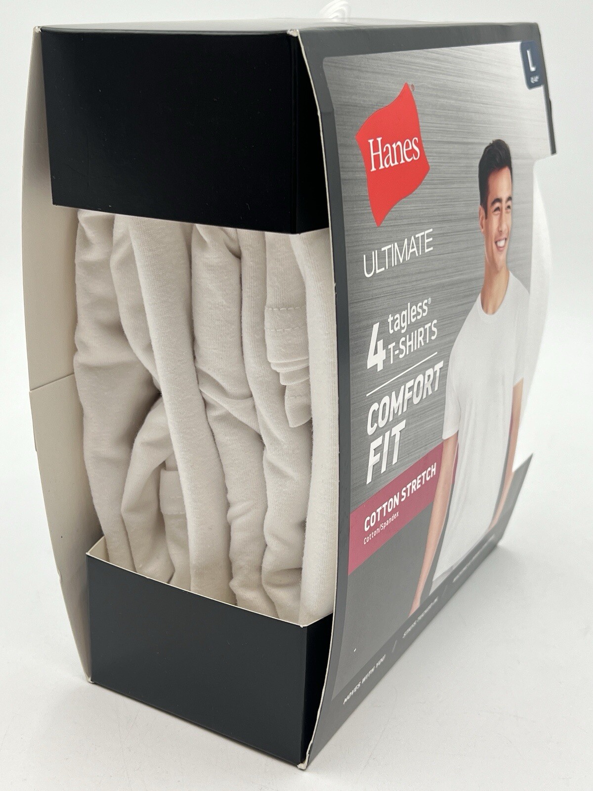 NEW HANES ULTIMATE 4 TAGLESS T-SHIRTS COMFORT FIT COTTON STRETCH SZ L WHITE 3621