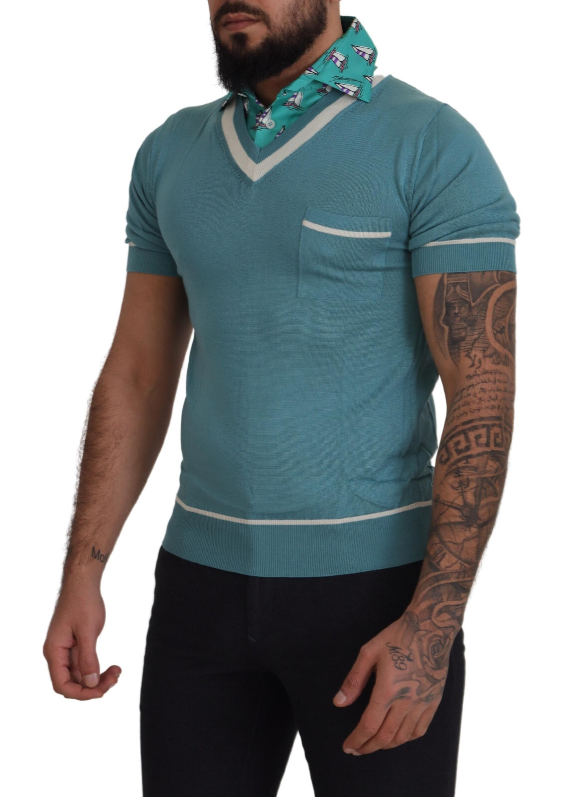 DOLCE & GABBANA T-shirt Blue Silk Polo Top Mens V-neck IT48/ US38 / M RRP $1300