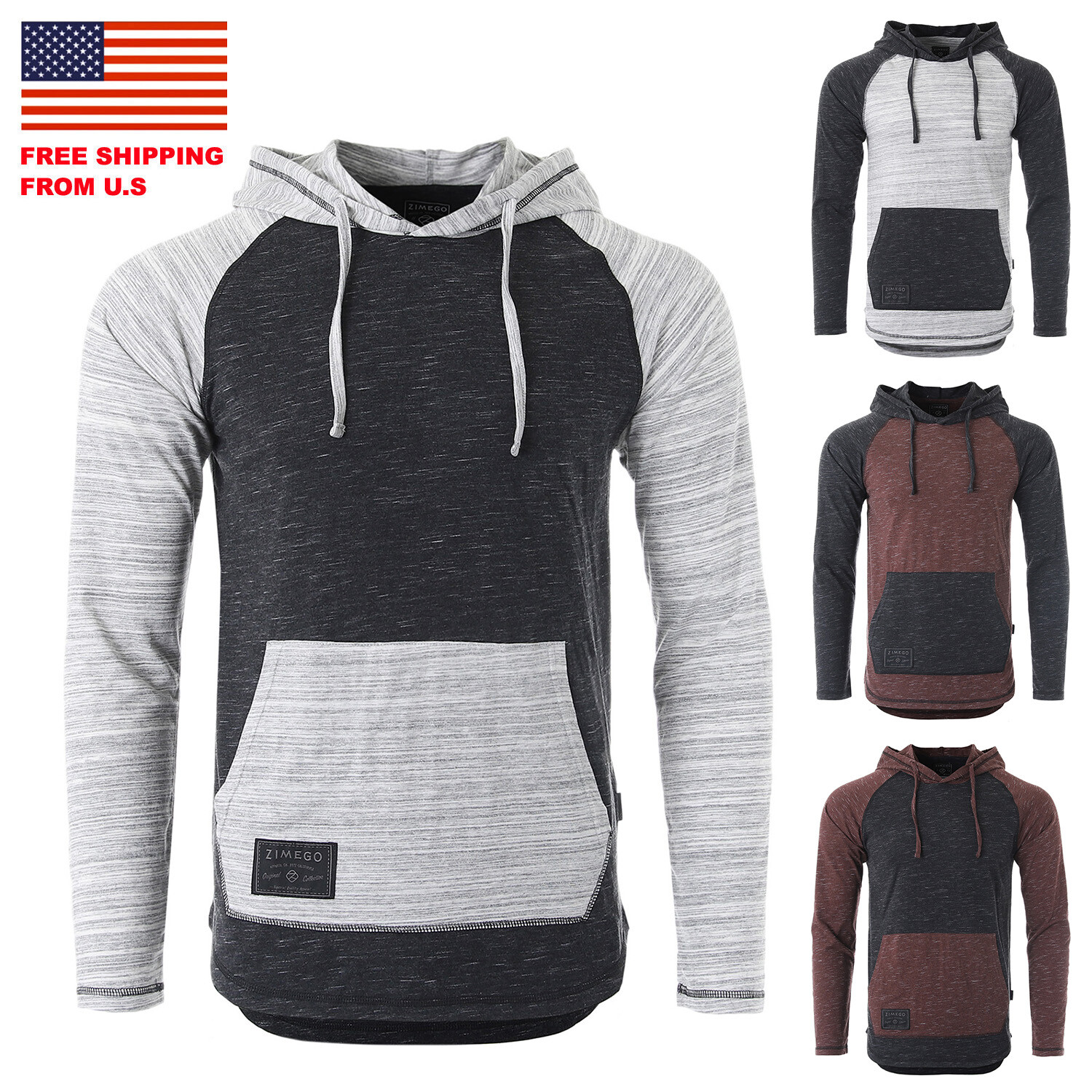 ZIMEGO Mens Long Sleeve Hoodie – Hooded Lightweight Color Block Pullover