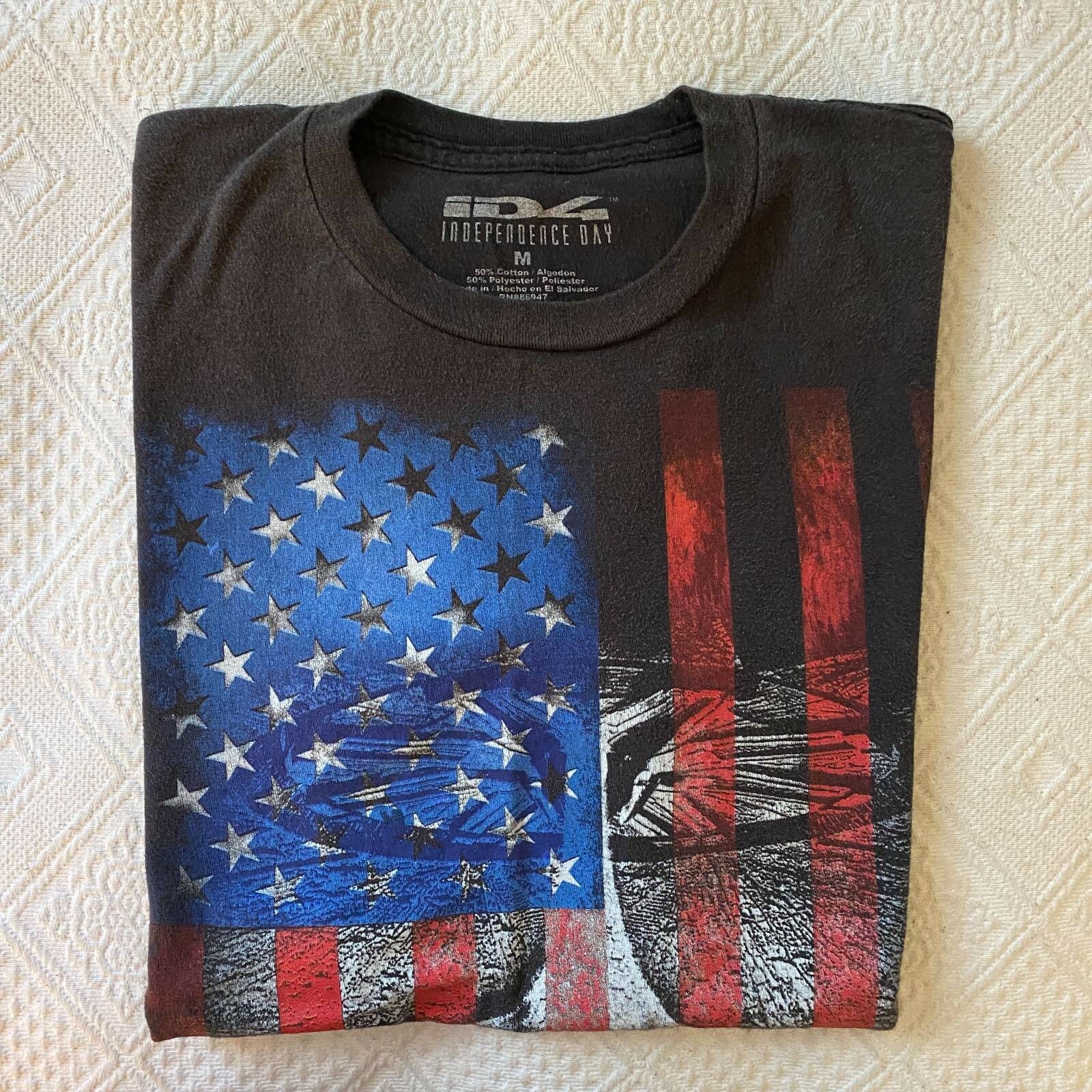 Independence Day ID4 Mens Graphic T-Shirt Black Blue Patriotic Crew Neck Tee M