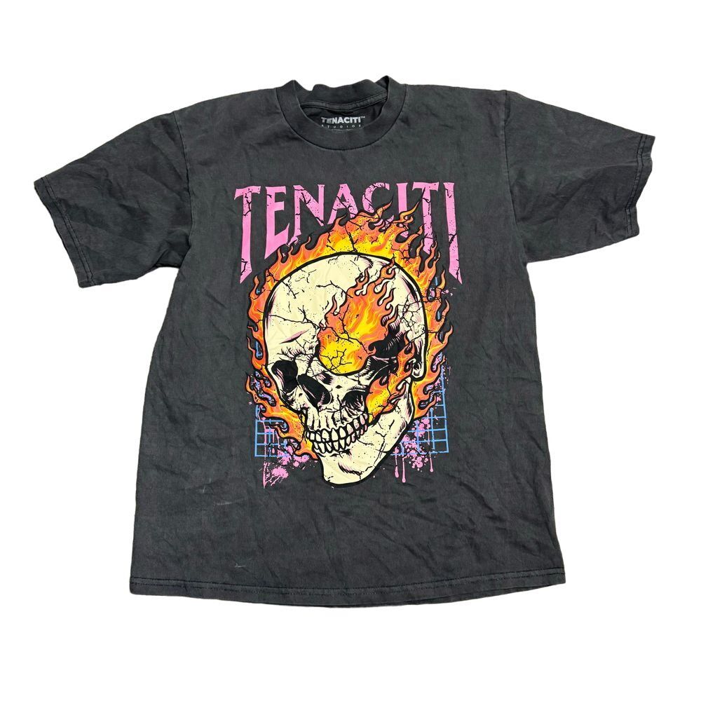 Tenaciti Skull Graphic T Shirt Mens Large Gray Flame Fire Goth Streetwear Tee
