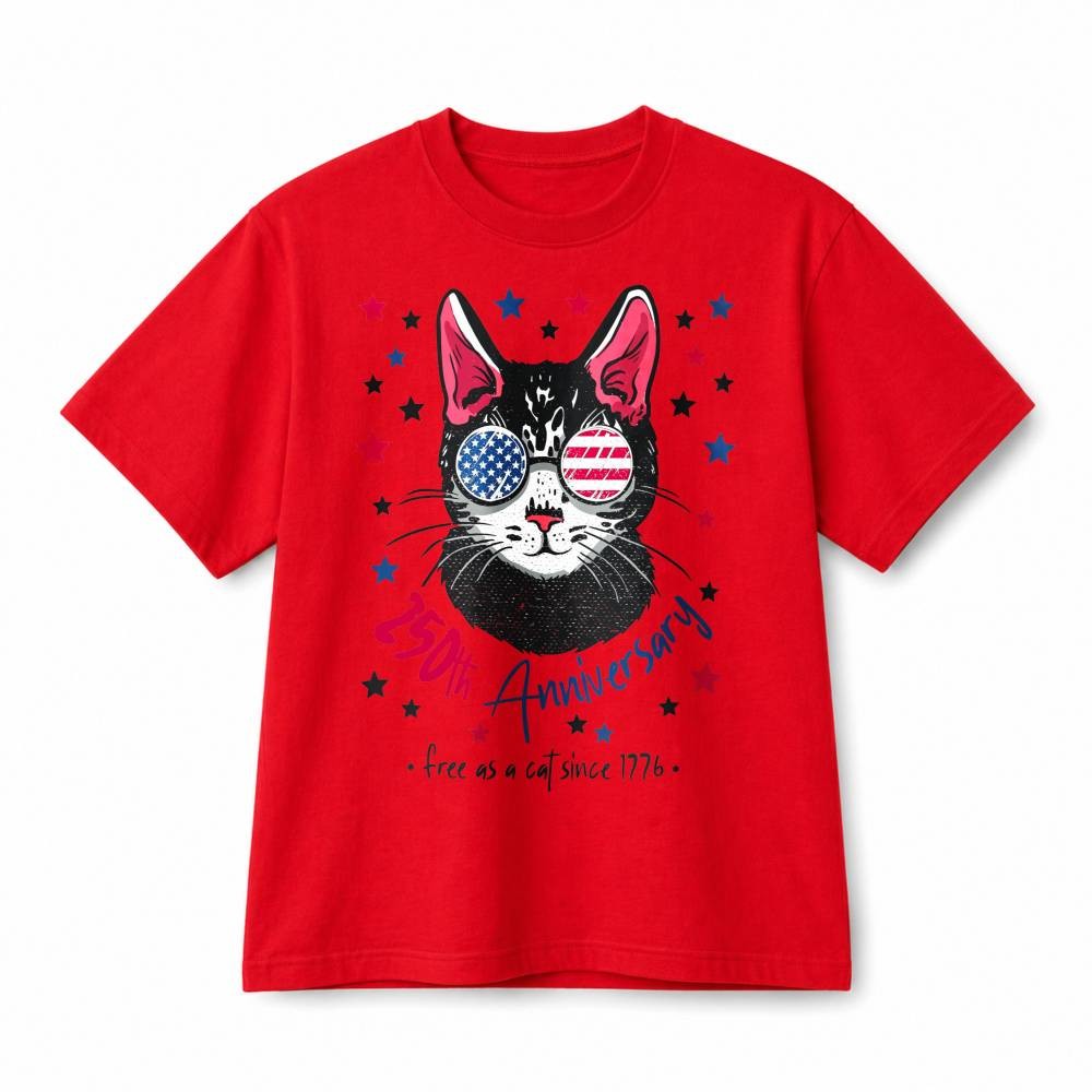 250th Anniversary Patriotic Cat USA Flag Sunglasses Retro Cotton T-Shirt Unisex