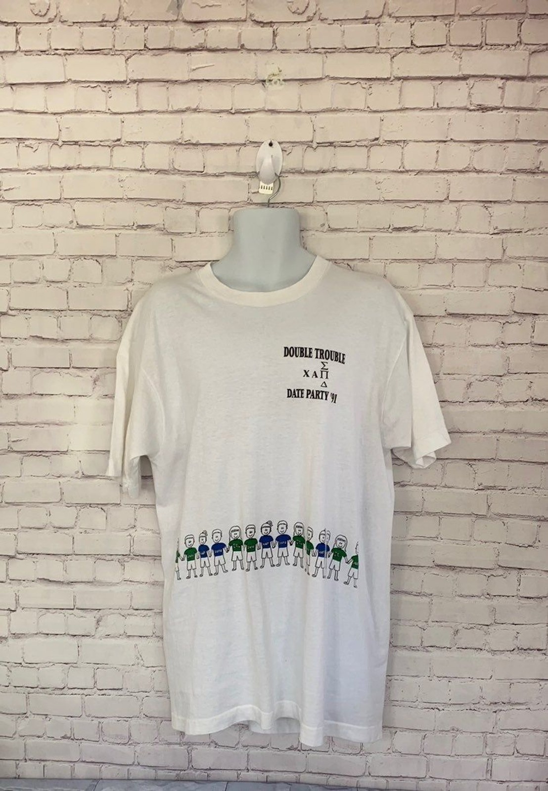 Vintage DOUBLE TROUBLE DATE PARTY white short tee sleeve ’91 unisex size XL