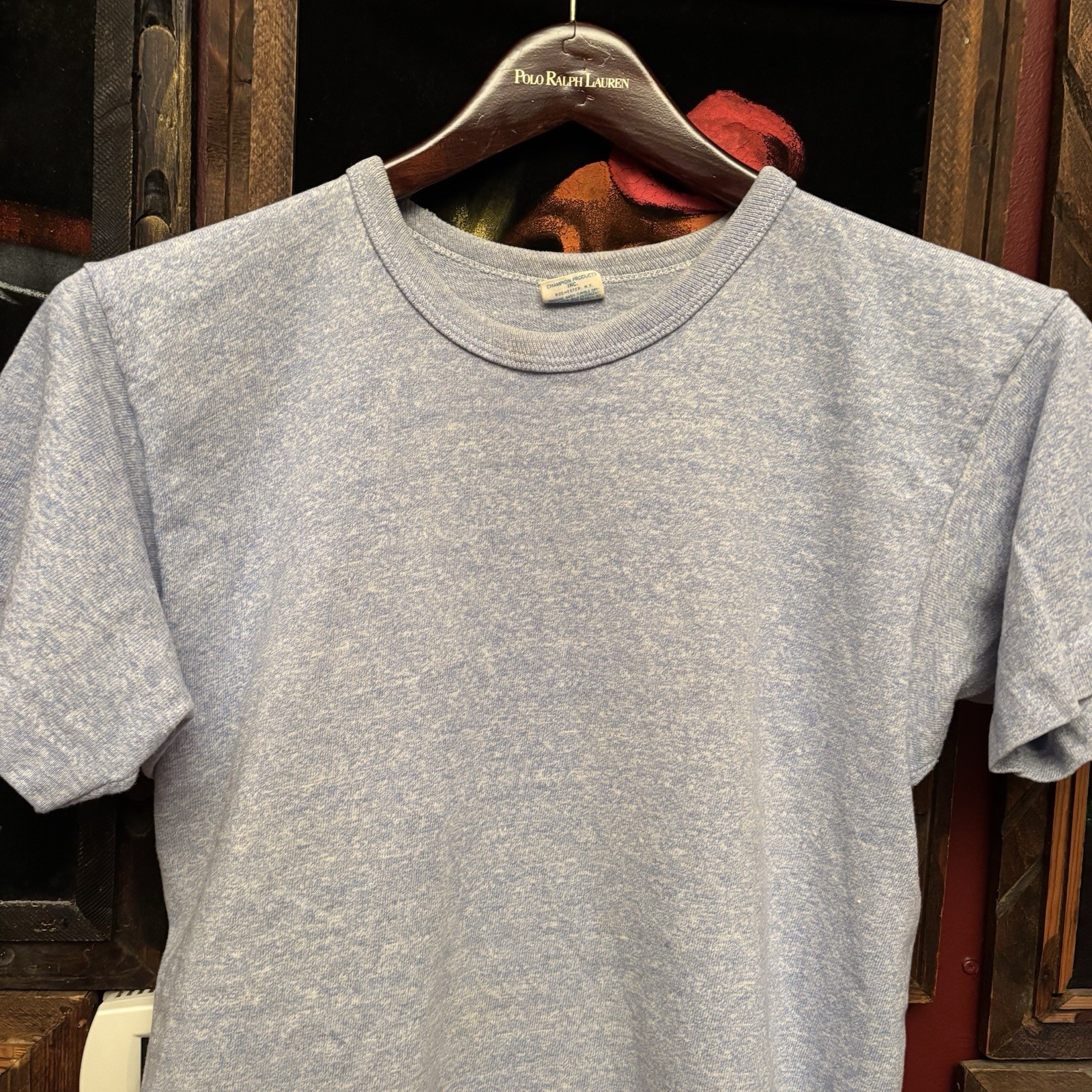 Vintage Champion Blue Bar 70s Heather Blue Cotton Rayon Blend Blank T-Shirt Sz M