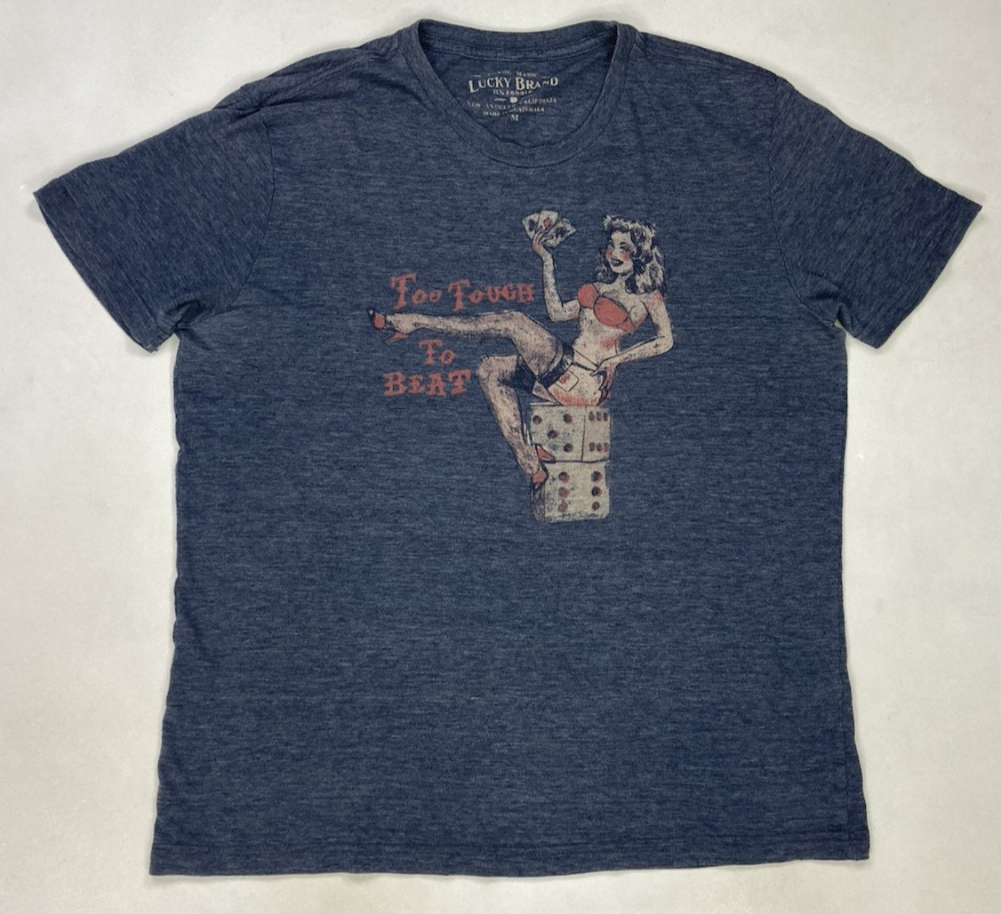 Lucky Brand Too Tough To Beat Pin Up Sexy Girl Graphic T-shirt Men Medium Blue