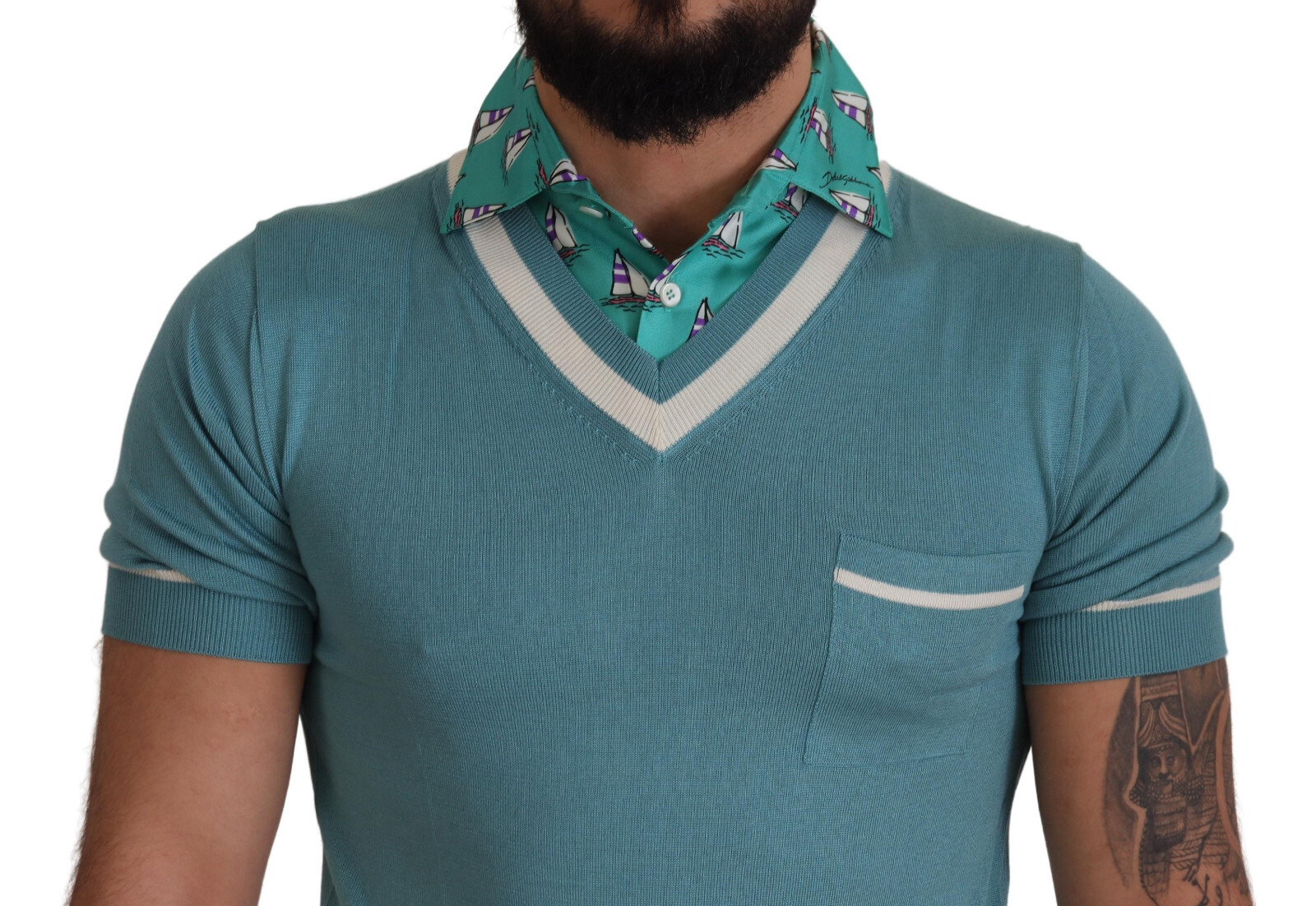 DOLCE & GABBANA T-shirt Blue Silk Polo Top Mens V-neck IT48/ US38 / M RRP $1300