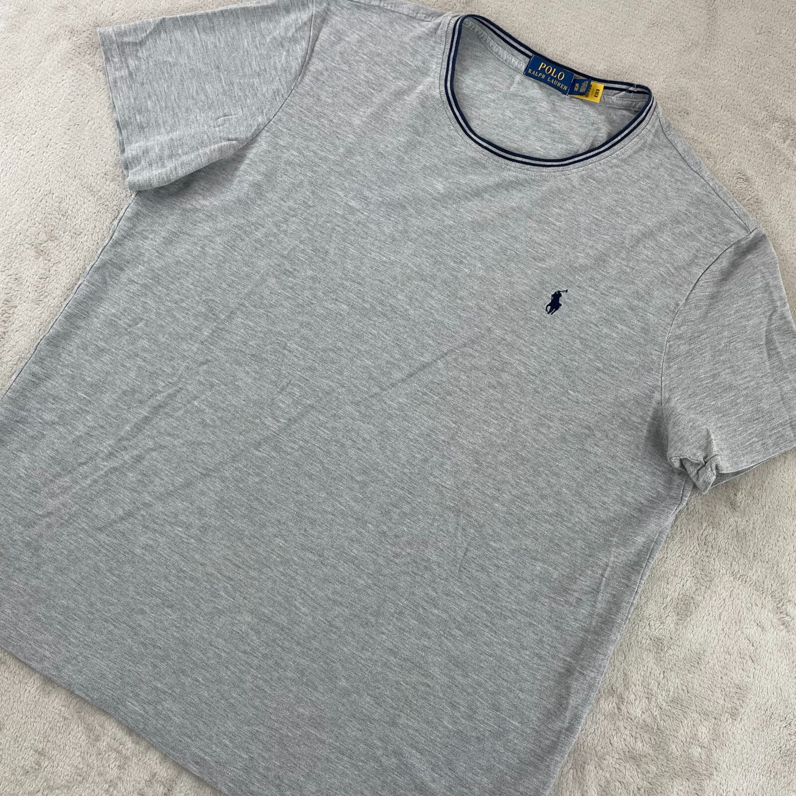 Polo Ralph Lauren T Shirt Men XL Grey Contrast Collar Short Sleeve Blue Pony