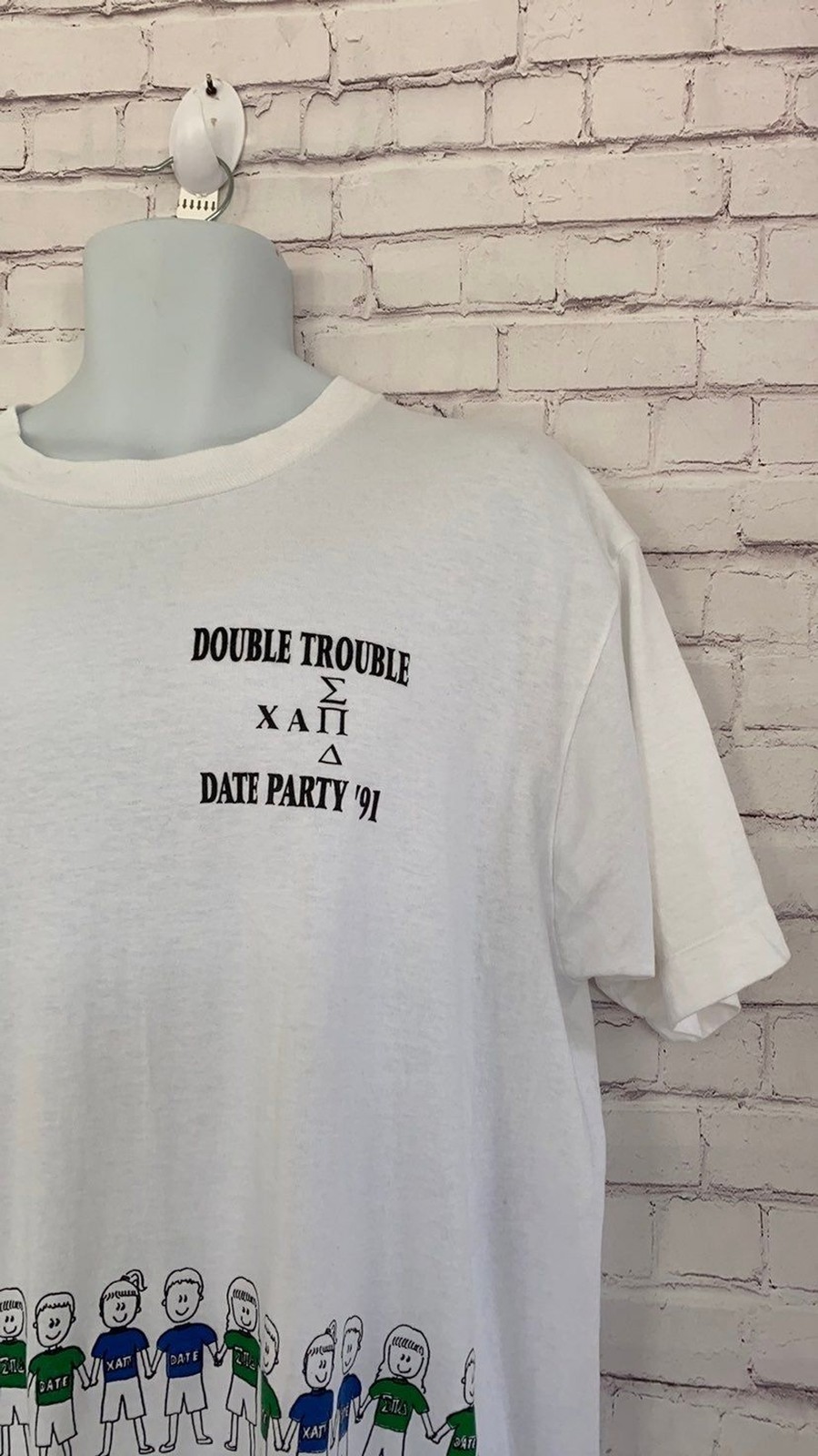 Vintage DOUBLE TROUBLE DATE PARTY white short tee sleeve ’91 unisex size XL