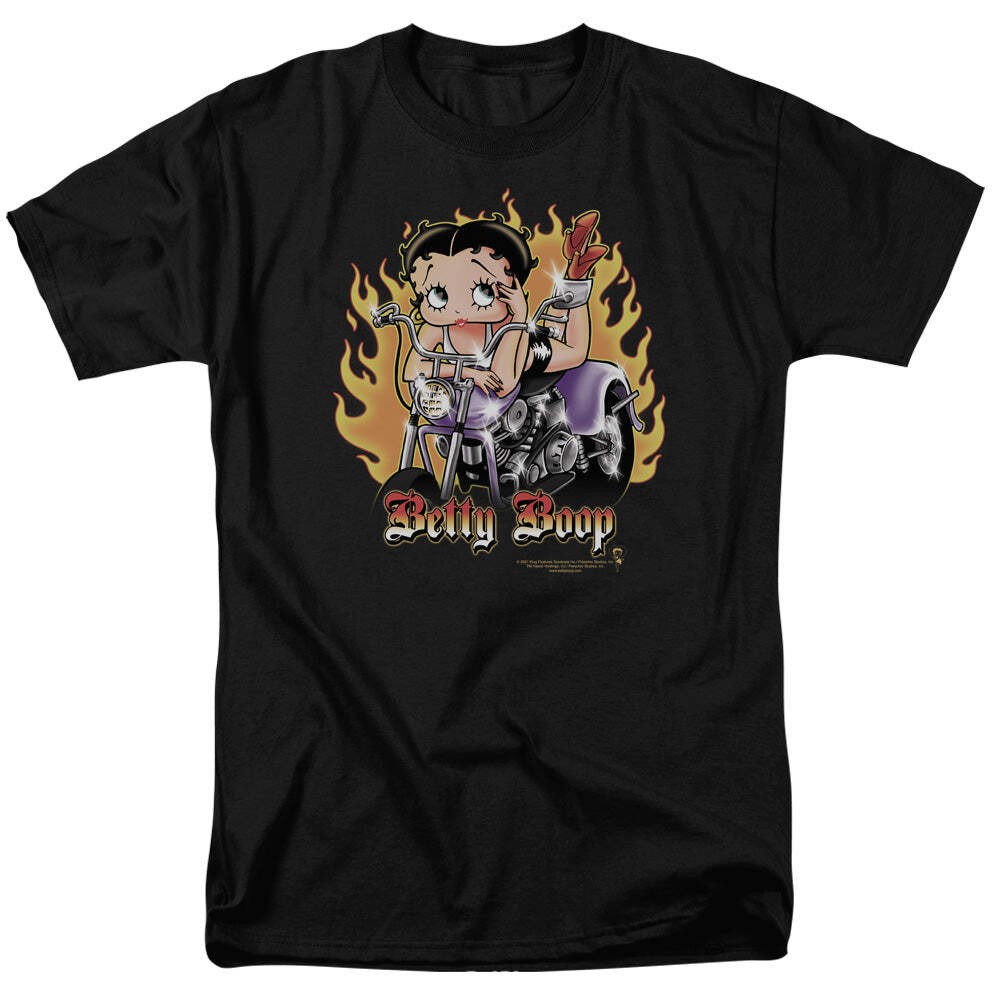 Betty Boop Biker Flames Boop Licensed Adult Unisex T-Shirt Regular Fit Tee SM-3X