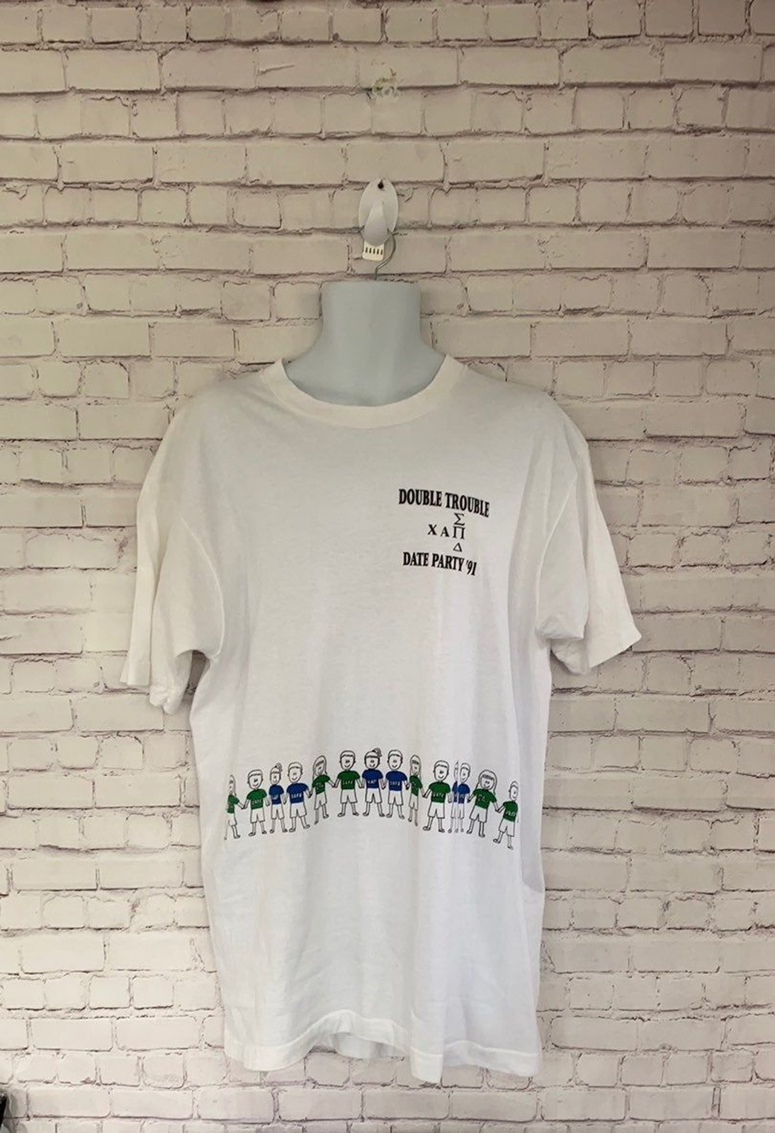 Vintage DOUBLE TROUBLE DATE PARTY white short tee sleeve ’91 unisex size XL