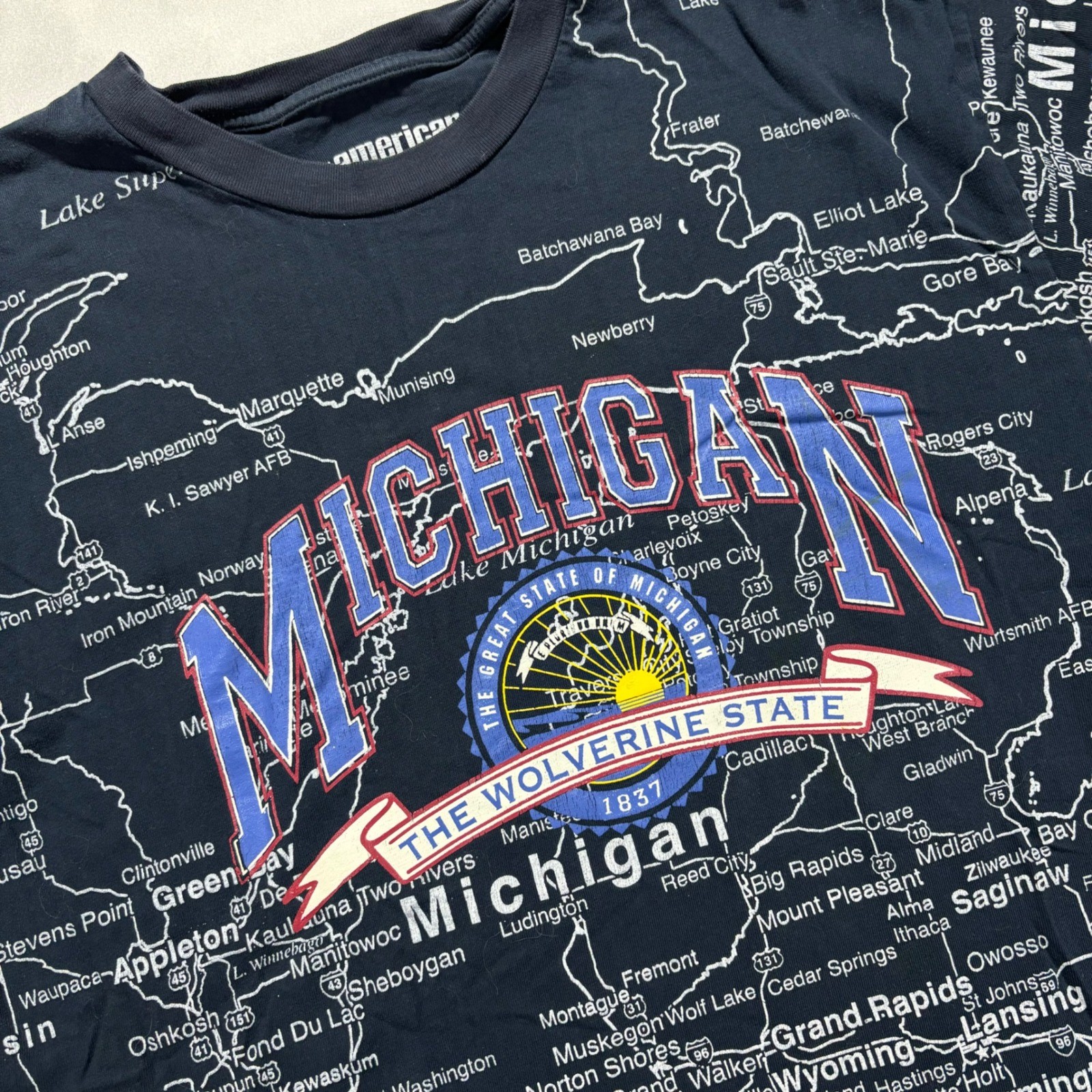 Vintage Michigan All Over Print Map T-Shirt Men’s Medium USA Map Short Sleeve