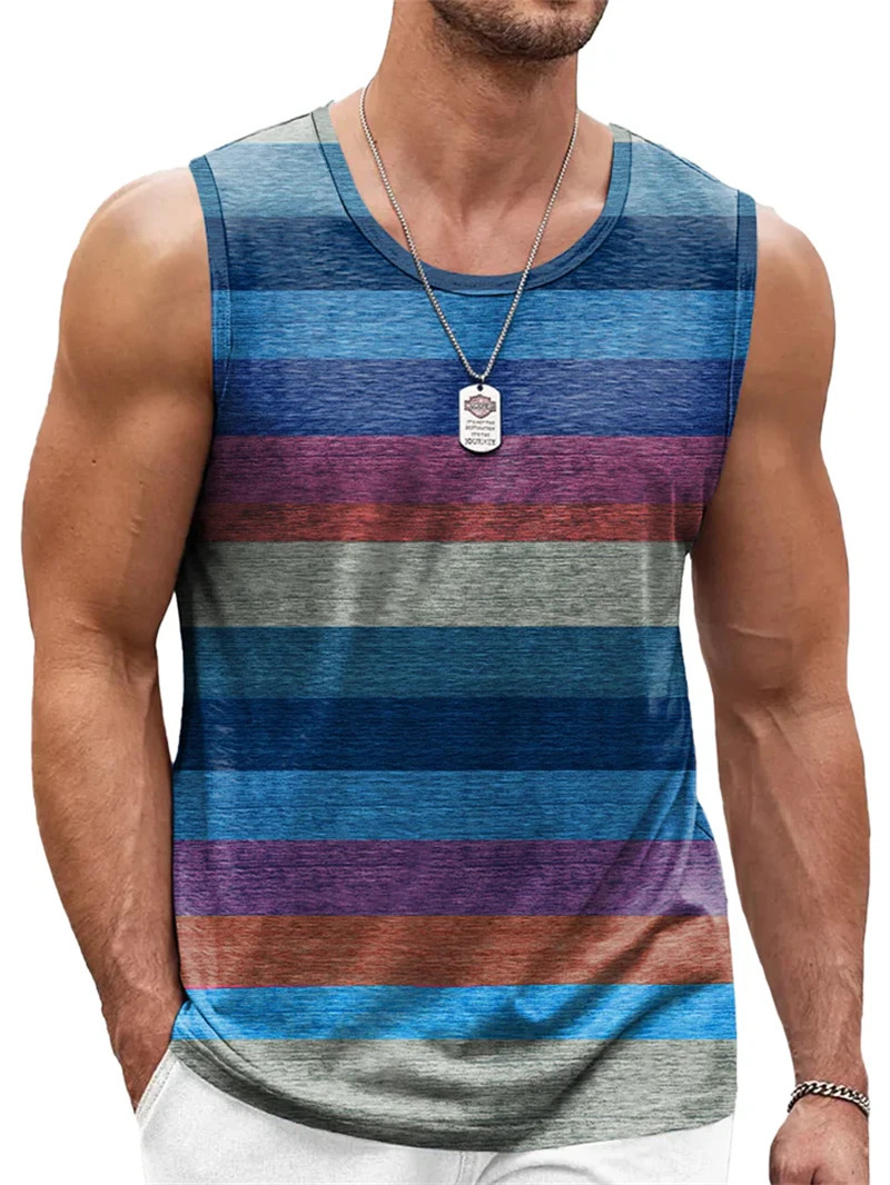 Retro Striped Graphic Tank Tops For Men Fashion Casual Summer Sleeveless 3D.