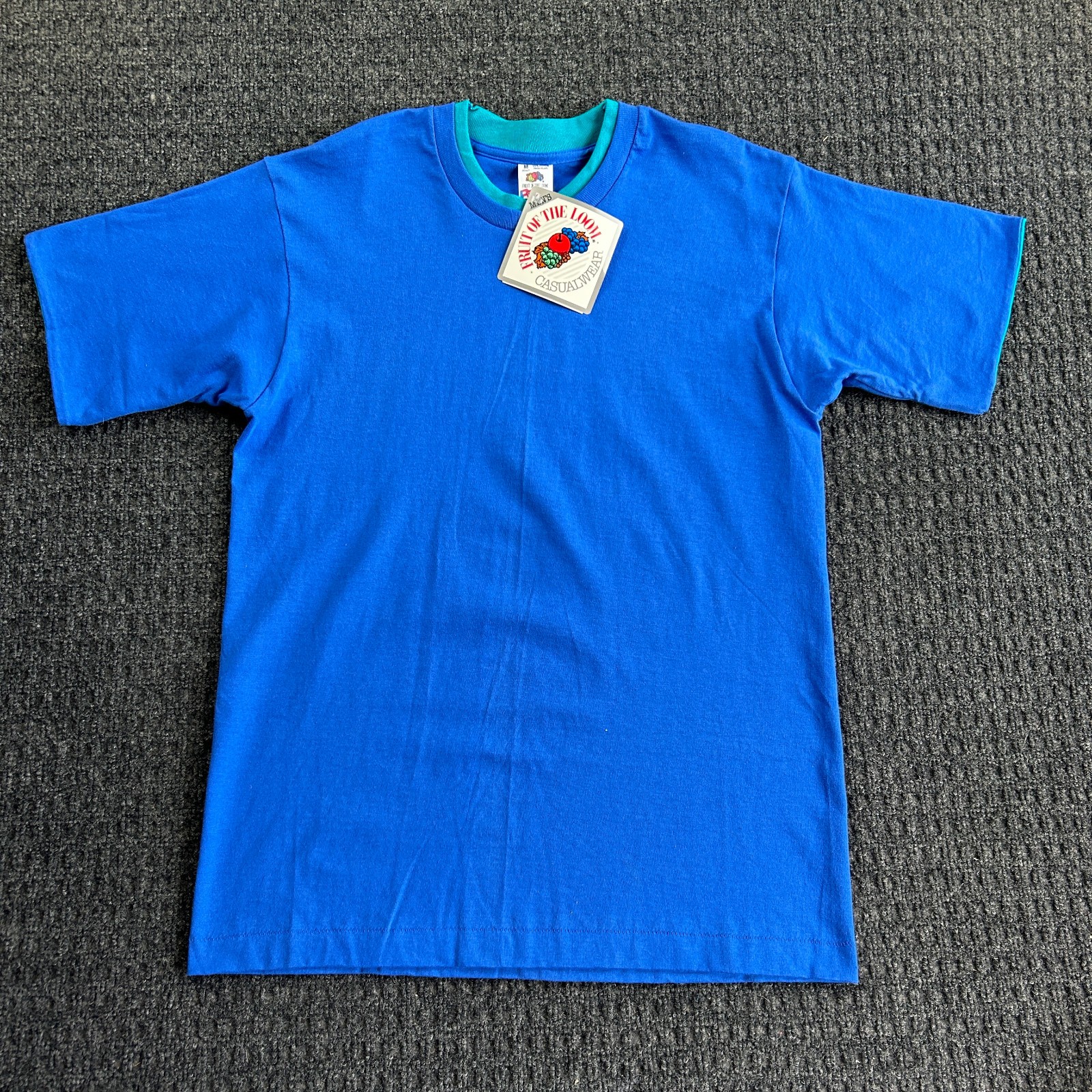 Vintage Fruit of the Loom Double Collar Sleeve T Shirt Blue M NEW Made in USA