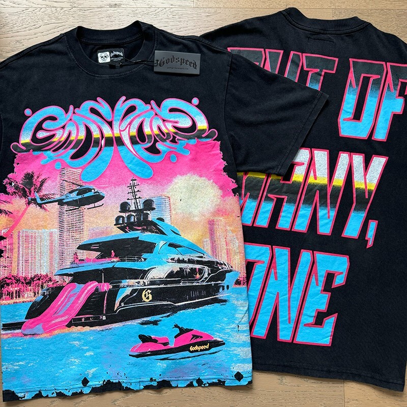NEW Godspeed Sunset Beach Yacht print Tee Mens Short sleeved T-shirt