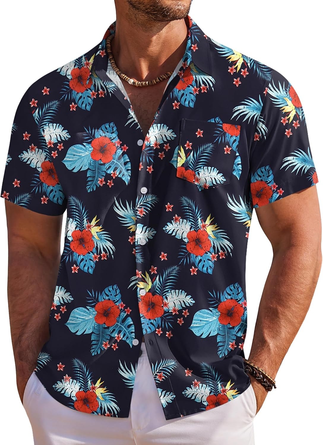 Men’s Hawaiian Shirt Short Sleeve Floral Button Down Tropical Beach Holiday Top