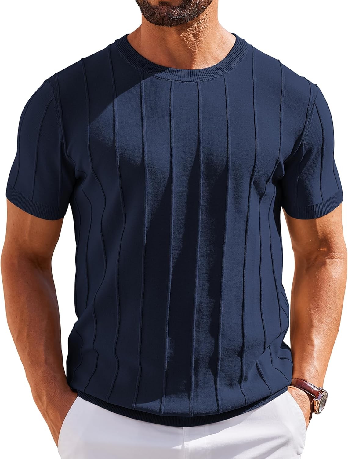 Men’s Casual Short Sleeve Knit T-Shirt – Ribbed Crewneck Pullover Tee