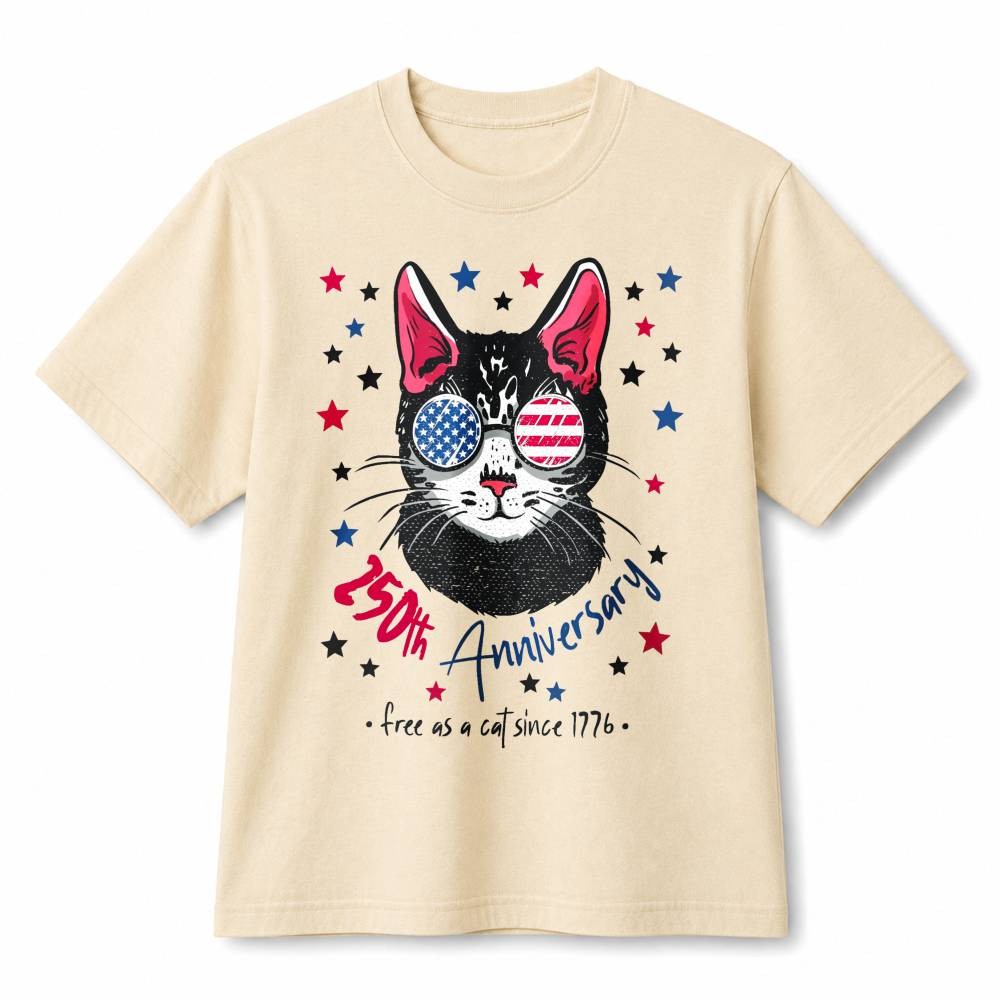 250th Anniversary Patriotic Cat USA Flag Sunglasses Retro Cotton T-Shirt Unisex