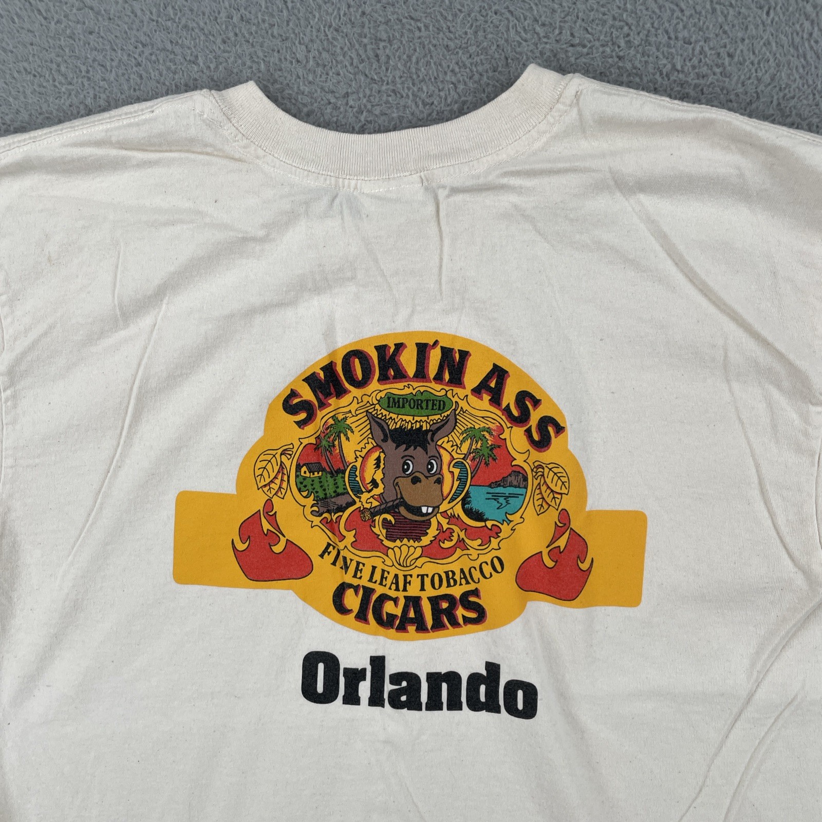 Vintage Gildan L Ivory White T Shirt Smokin Ass Cigars Orlando Fine Leaf Tobacco