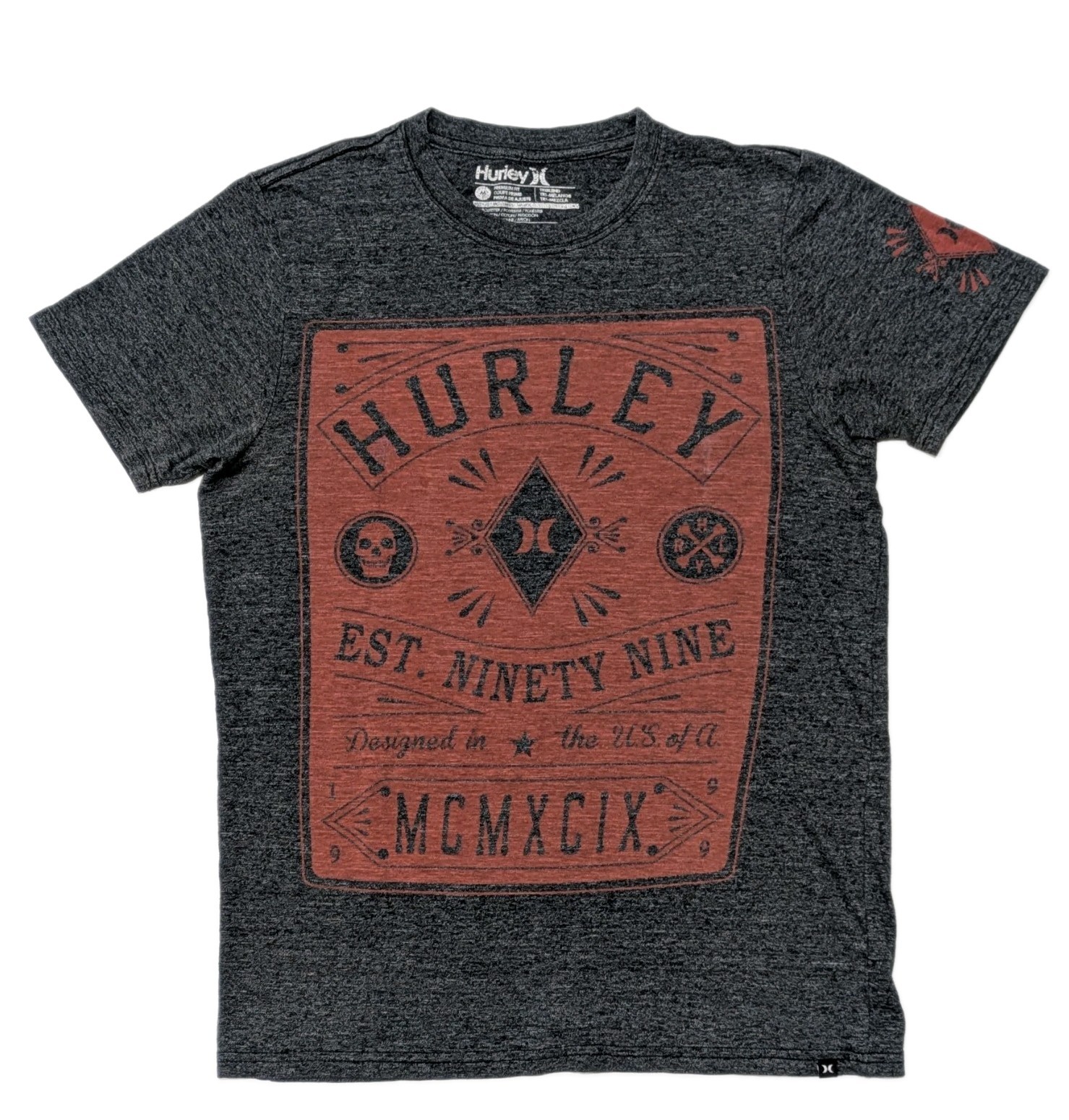 Hurley Tri-Blend Premium Fit T-shirt Soft Lightweight Graphic Tee – Grey- Size M