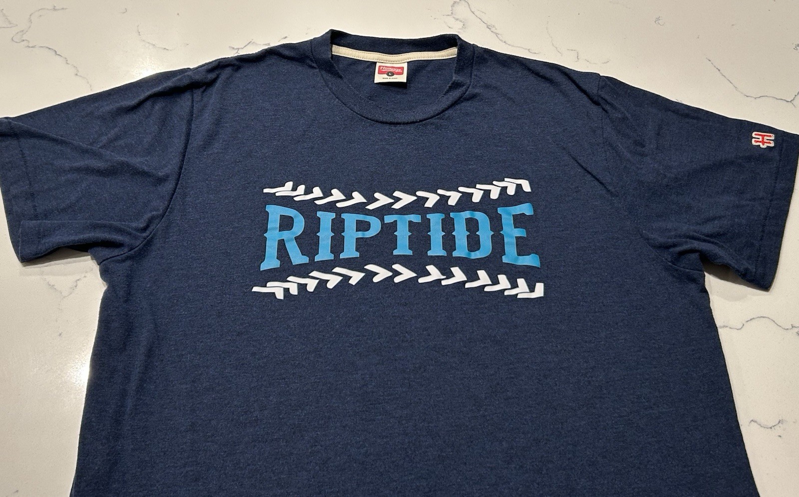 Rare HOMAGE RIPTIDE Baseball Navy Graphic Tee Men’s L – Soft Tri-Blend Retro