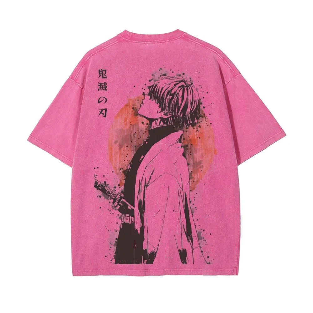 Demon Slayer Zenitsu Agatsuma Acid Wash Graphic T Shirt Anime Back Print M-3XL