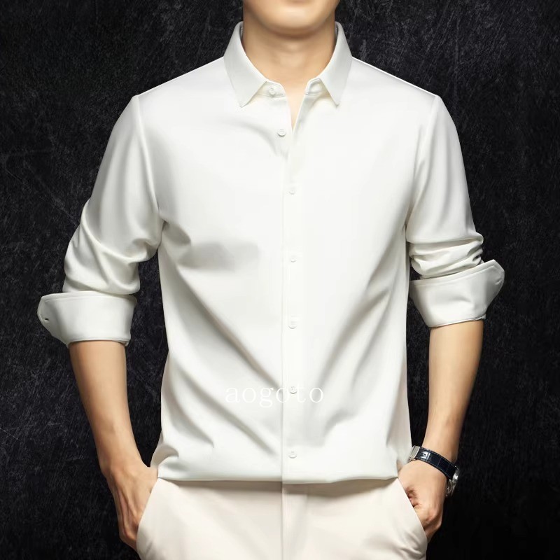 Spring Mens Long Sleeve Shirt Silk Cotton Business Casual Formal Slim Fit Shirts