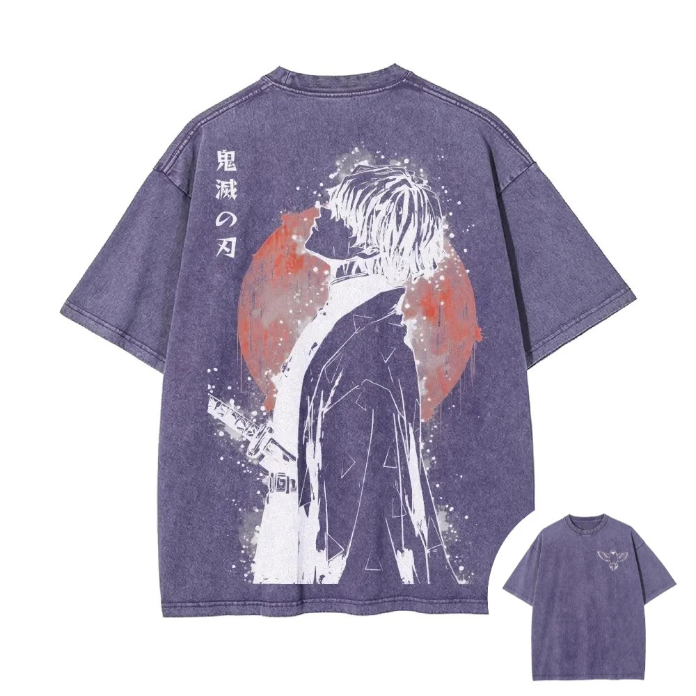 Demon Slayer Zenitsu Agatsuma Acid Wash Graphic T Shirt Anime Back Print M-3XL