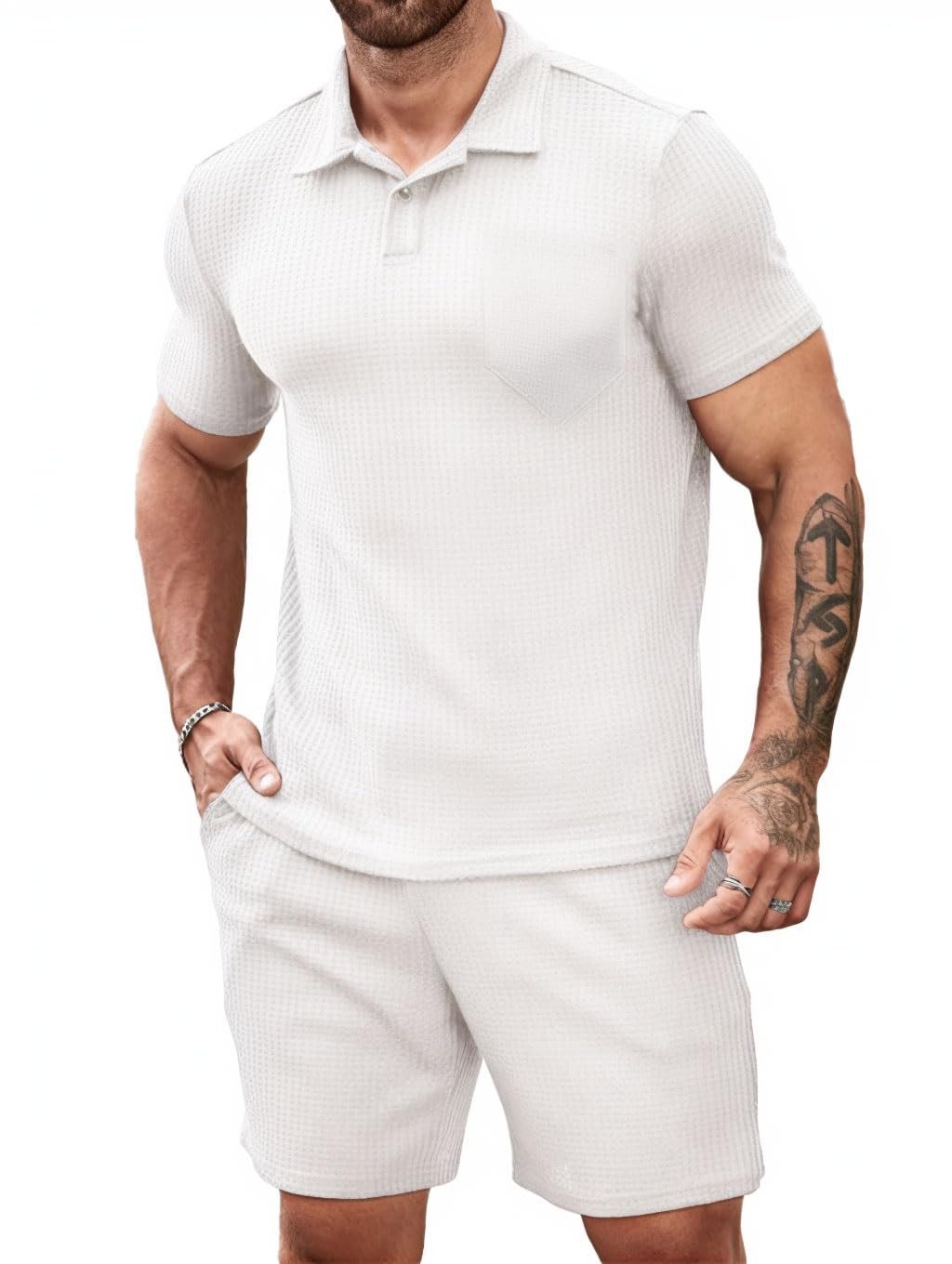White Men’s 2 piece Casual outfit’s Waffle Knit polo shirt’s and short’s set …