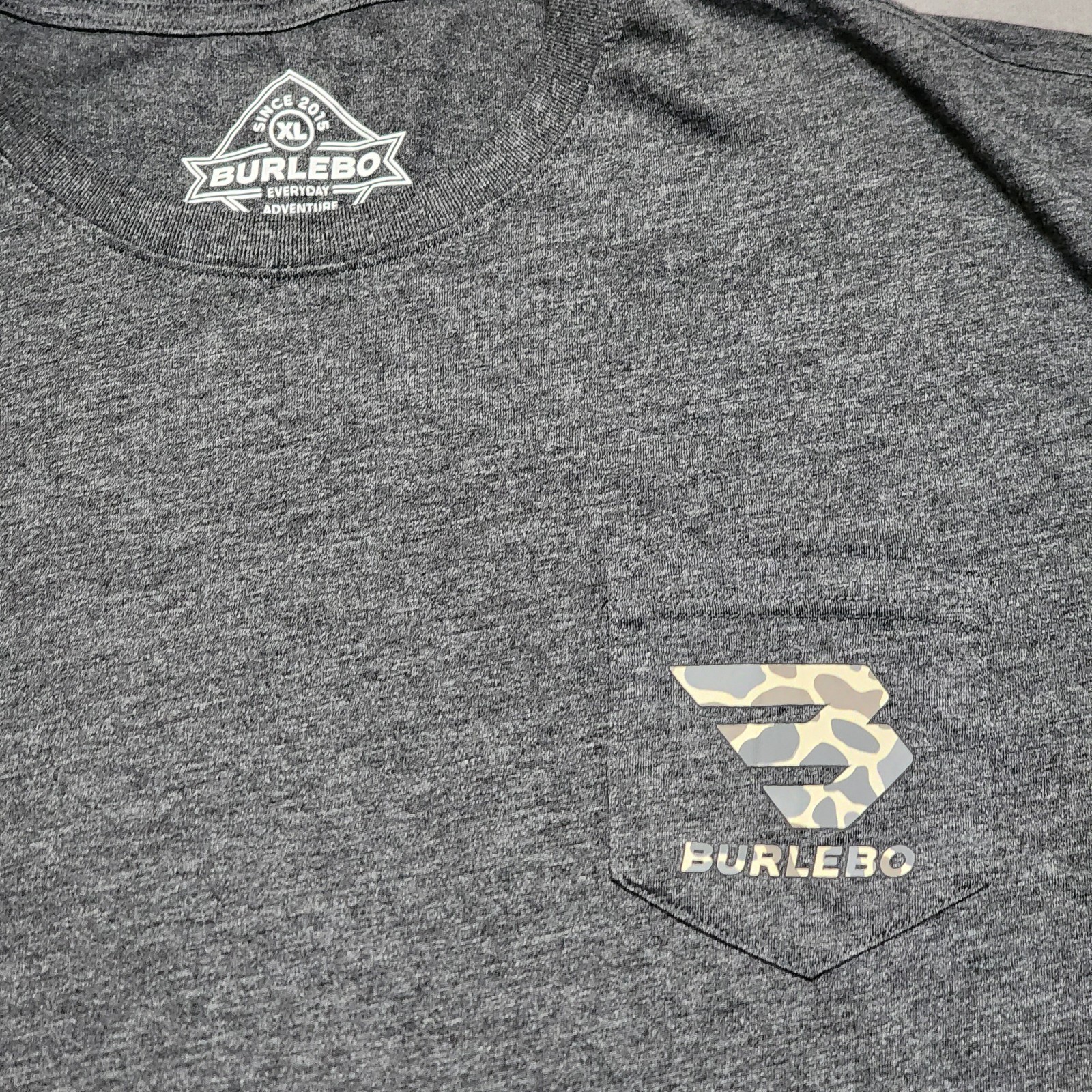 Burlebo Shirt Men XL Heather Gray Camo Logo Pocket Tee Outdoors Hunt Fishing BBQ