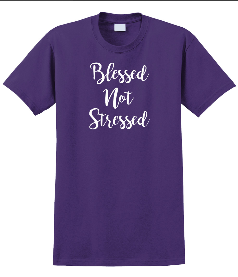 Blessed Not Stressed T-Shirt Short Sleeve Graphic Glitter Tee Unisex Apparel