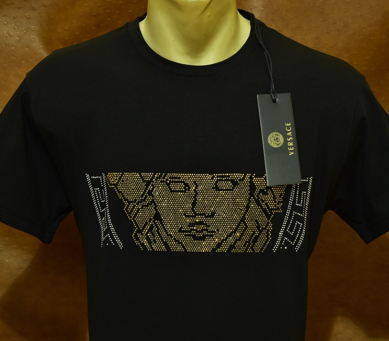 Men’s Versace Medusa Style Rhinestone T-Shirt Rust Luxury Designer US Size 2XL