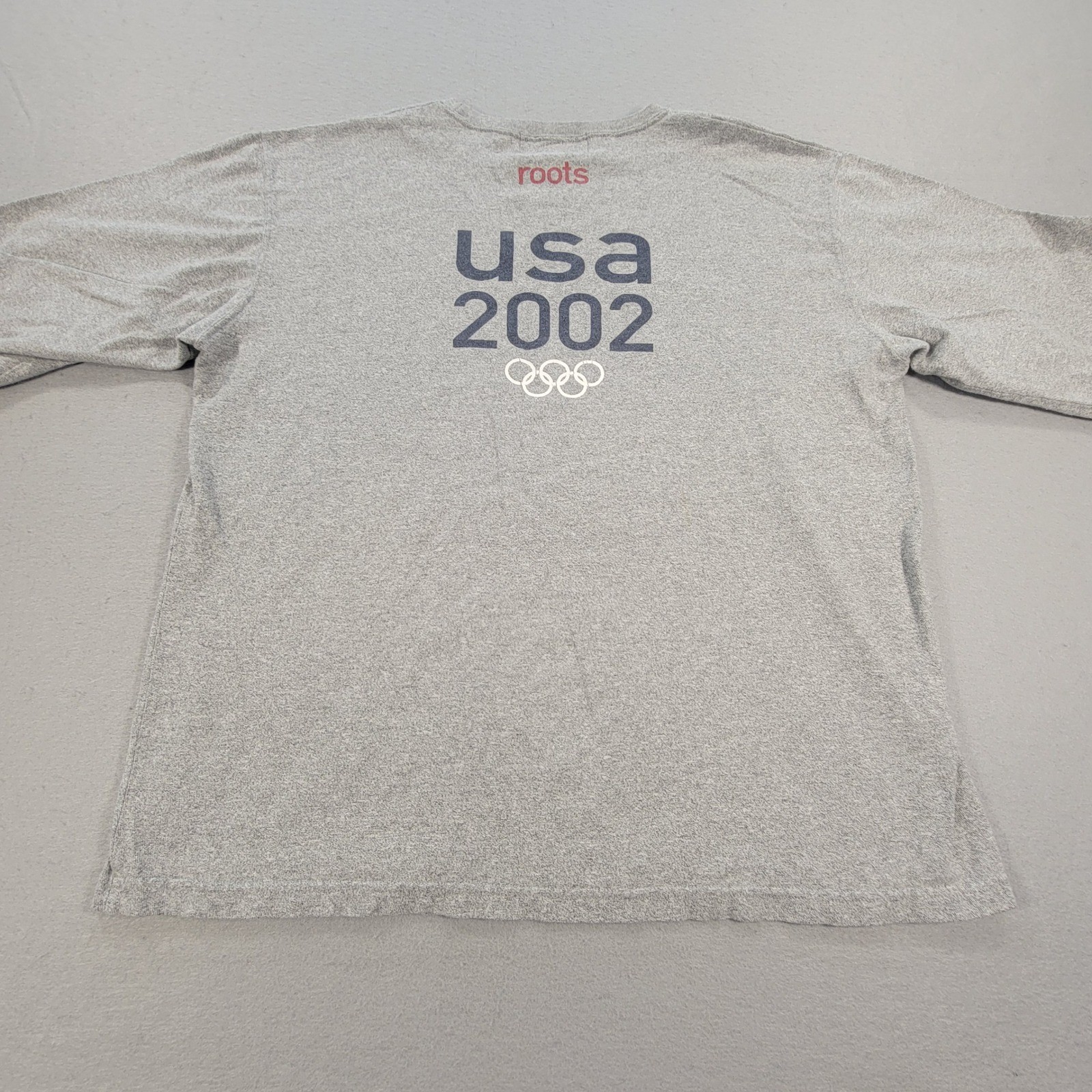 Vintage Roots USA Olympic Team 2002 T Shirt Gray Logo Graphic Cut Sleeve Mens XL