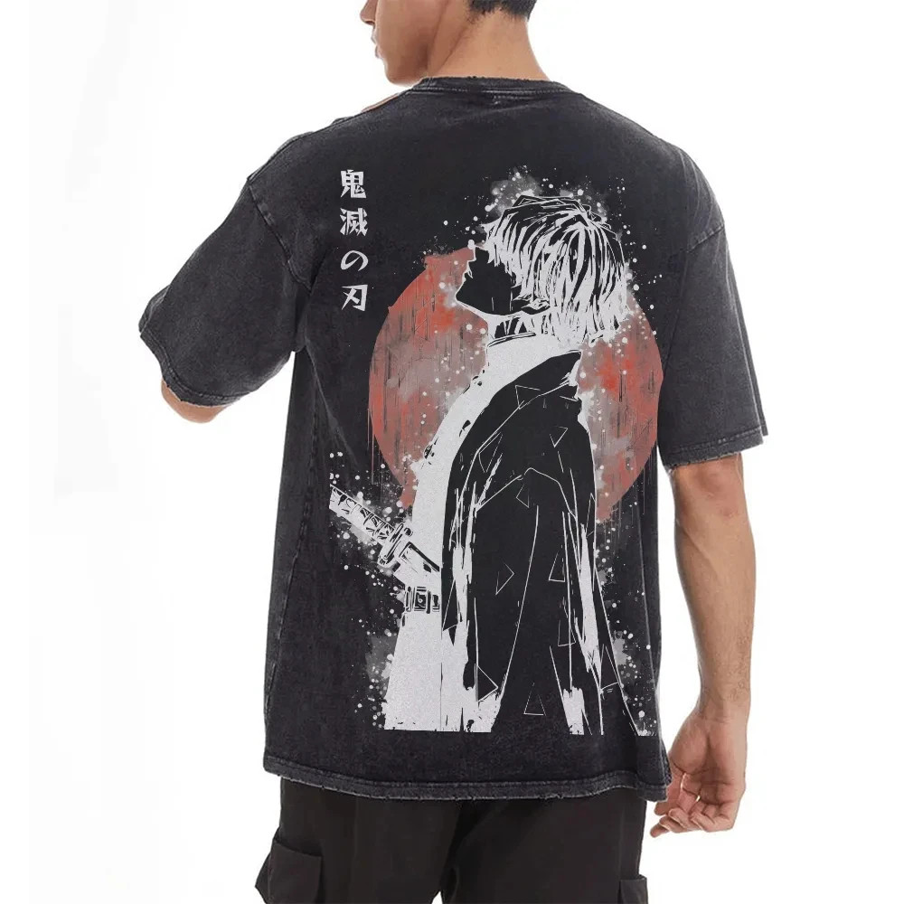 Demon Slayer Zenitsu Agatsuma Acid Wash Graphic T Shirt Anime Back Print M-3XL