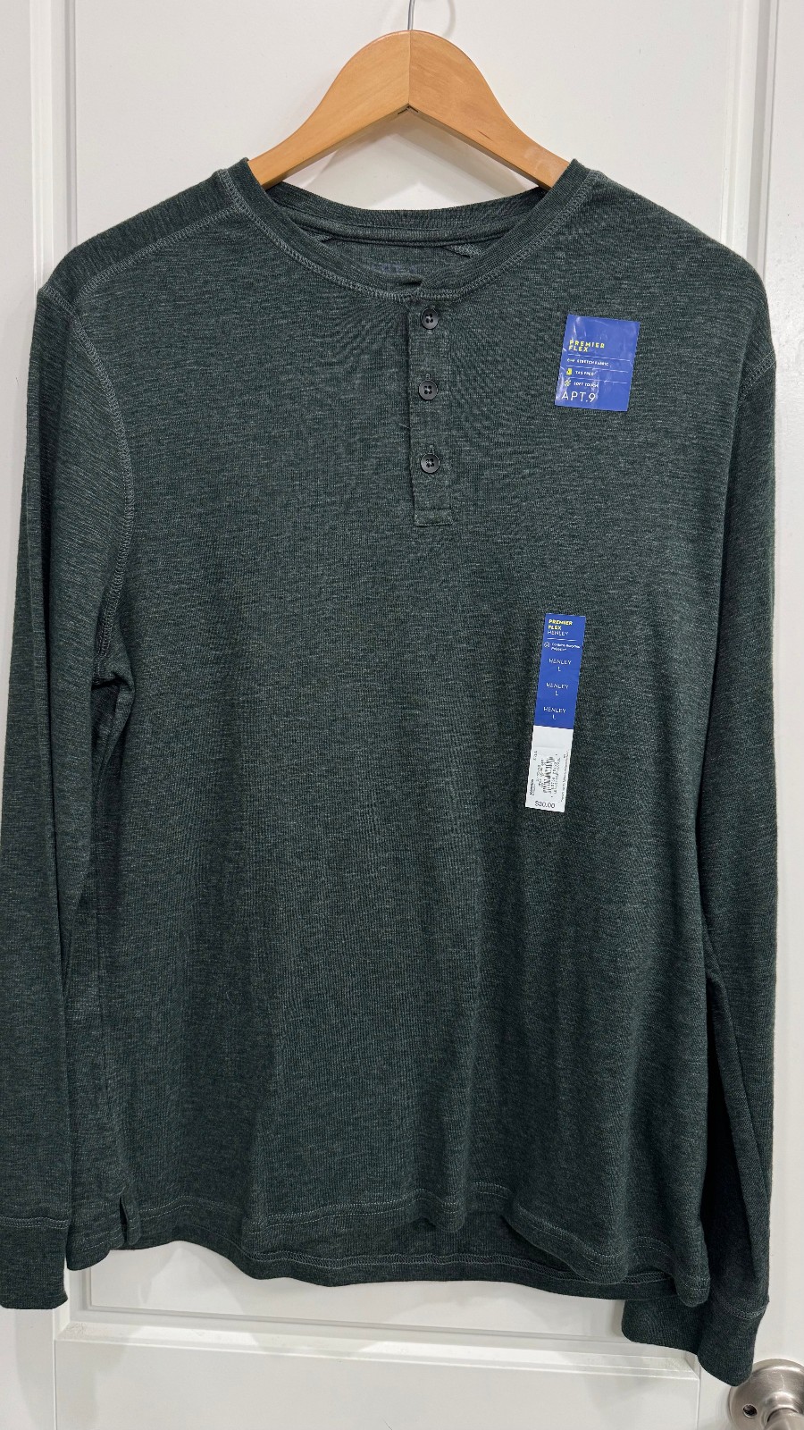 NWT Apt 9 Premier Flex Long Sleeve Henley Shirt Mens Large Dark Green