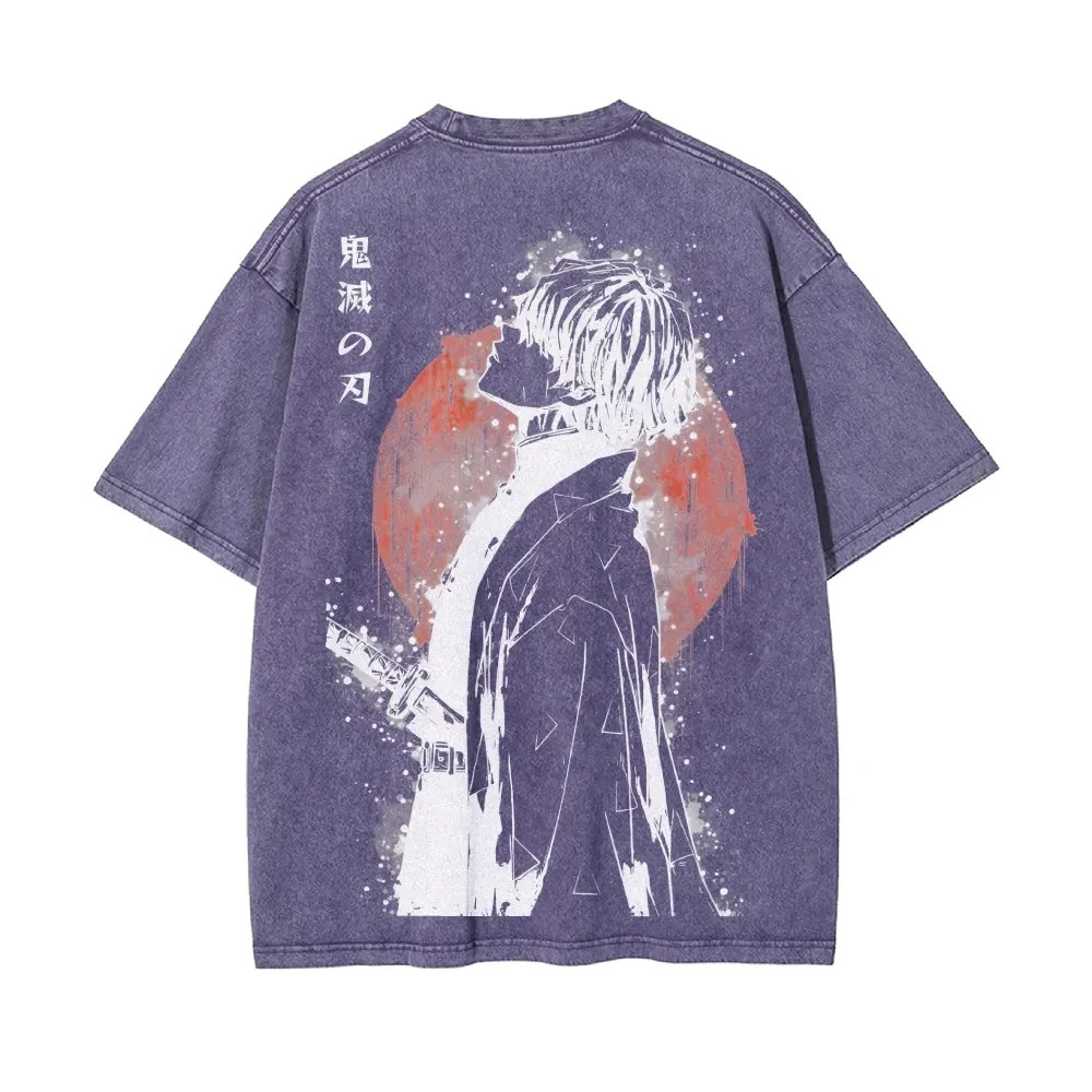 Demon Slayer Zenitsu Agatsuma Acid Wash Graphic T Shirt Anime Back Print M-3XL